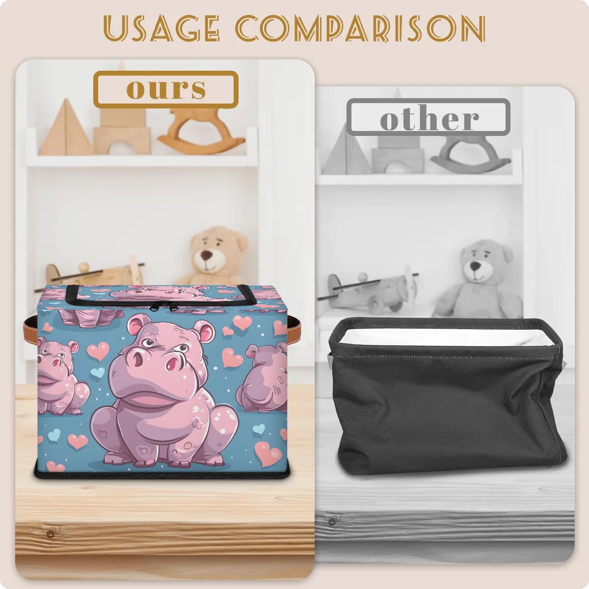 Pink Heart Hippo Storage Bins with Zipper Lid - 2 Pack Stackable Closet Organizer Baskets with Metal Frame & PU Handles - Perfect for Clothes, Toys, and Home Organization