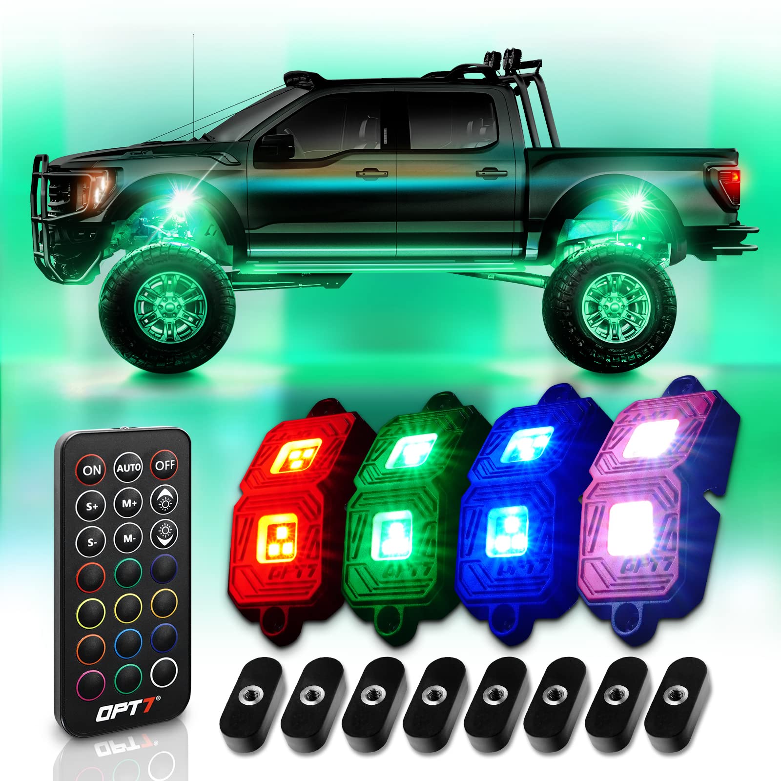 OPT7 Photon RGB LED Magnet Rock Lights with APP & Remote Control - 4-Pod Multicolor Underglow Lighting Kit for Offroad Trucks, Jeeps, RZR, ATV, UTV | IP68 Waterproof, Wide Angle Beam, Extension Wire Included | Perfect for Night Off-Roading, Car Shows & Custom Vehicle Lighting