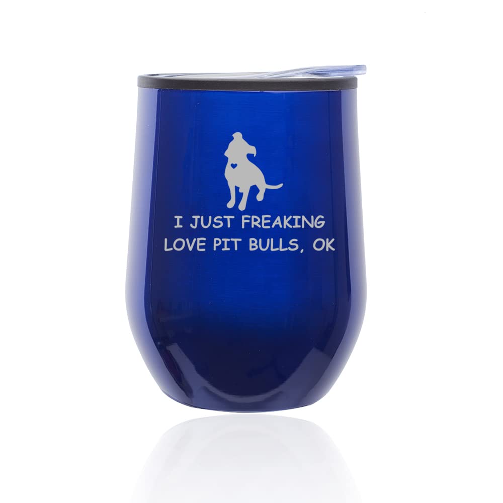 Stemless Wine Tumbler with Lid - Insulated Coffee Travel Mug for Hot & Cold Drinks - Funny 'I Just Freaking Love Pit Bulls' Design (Blue) - Perfect for Office, Home, Camping & Gifts