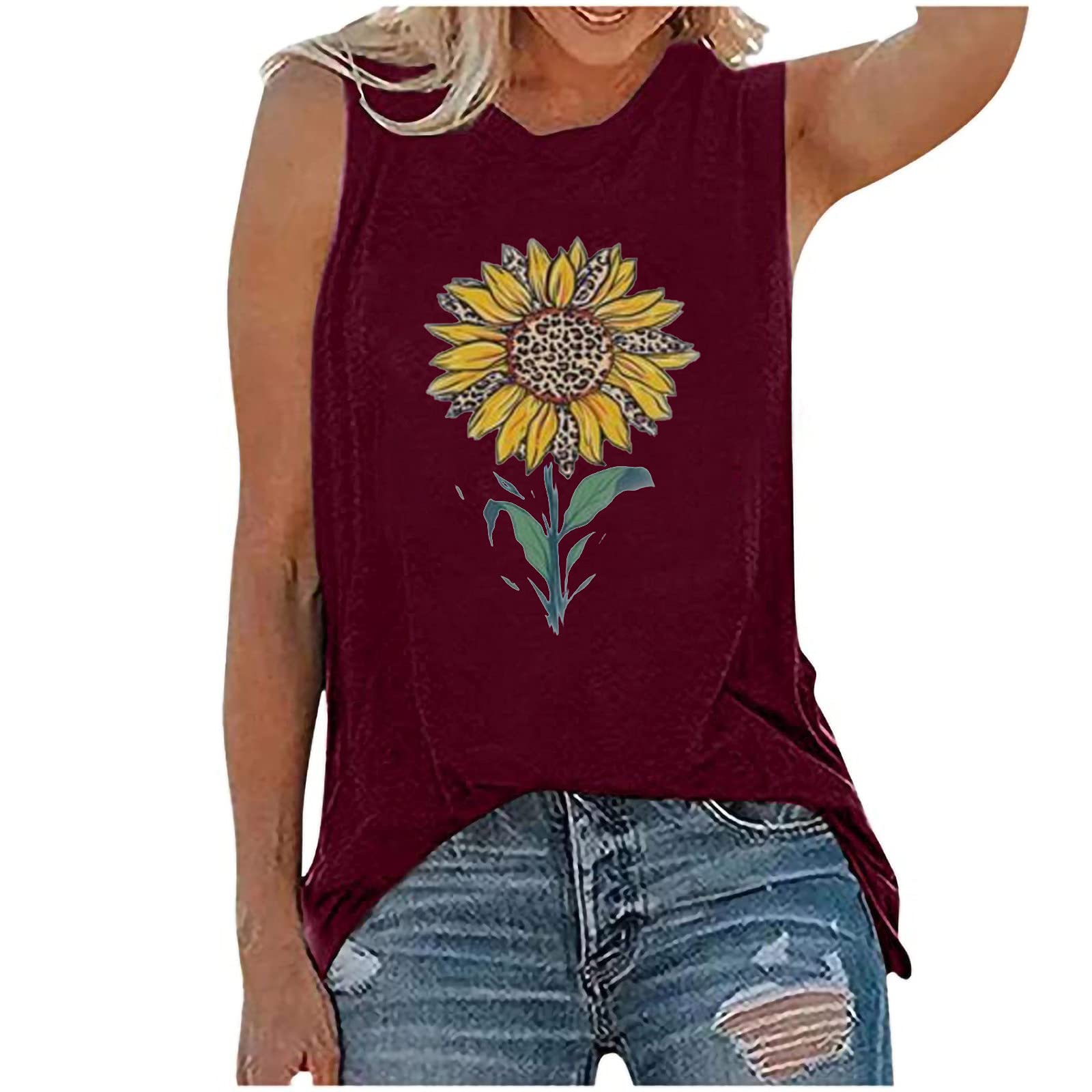 Women's Summer Sunflower Graphic Tank Top - Sleeveless Letter Print Casual Tee Shirt for Beach, Vacation & Outdoor Activities