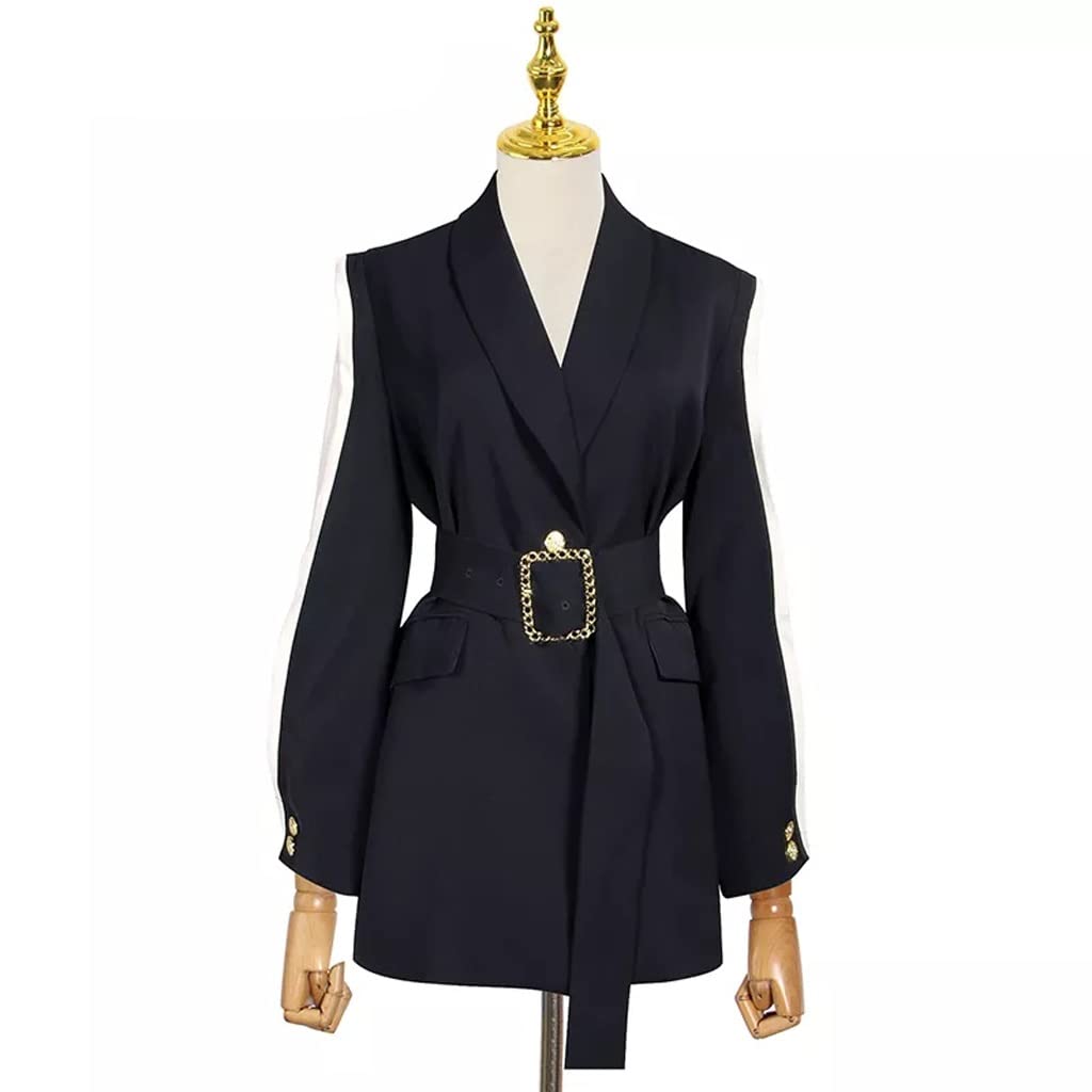WDBBY Women's Casual Black Patchwork Blazer Jacket - Korean Style Notched Lapel Long Sleeve Straight Cut Fashion Coat for Spring (Black, Size L) | Office Wear, Business Casual, Date Night Outfit