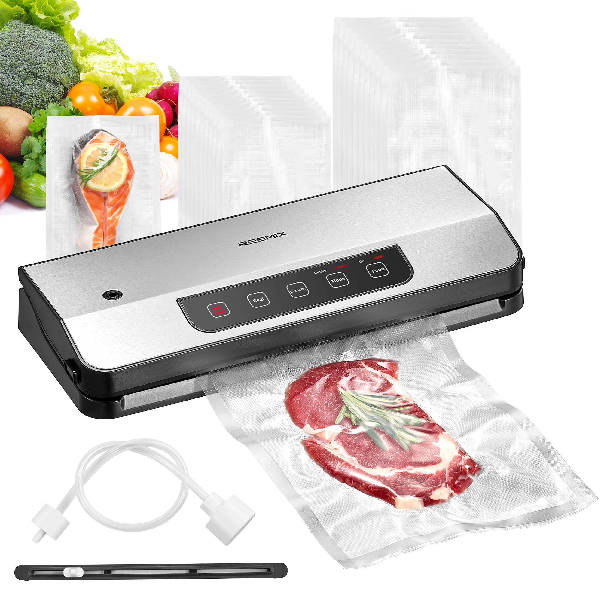 Reemix Automatic Vacuum Sealer Machine for Food Storage - Includes Starter Kit with 20 Bags, Pulse Function, Moist & Dry Modes, External VAC - Perfect for Meal Prep, Sous Vide, and Extending Food Freshness