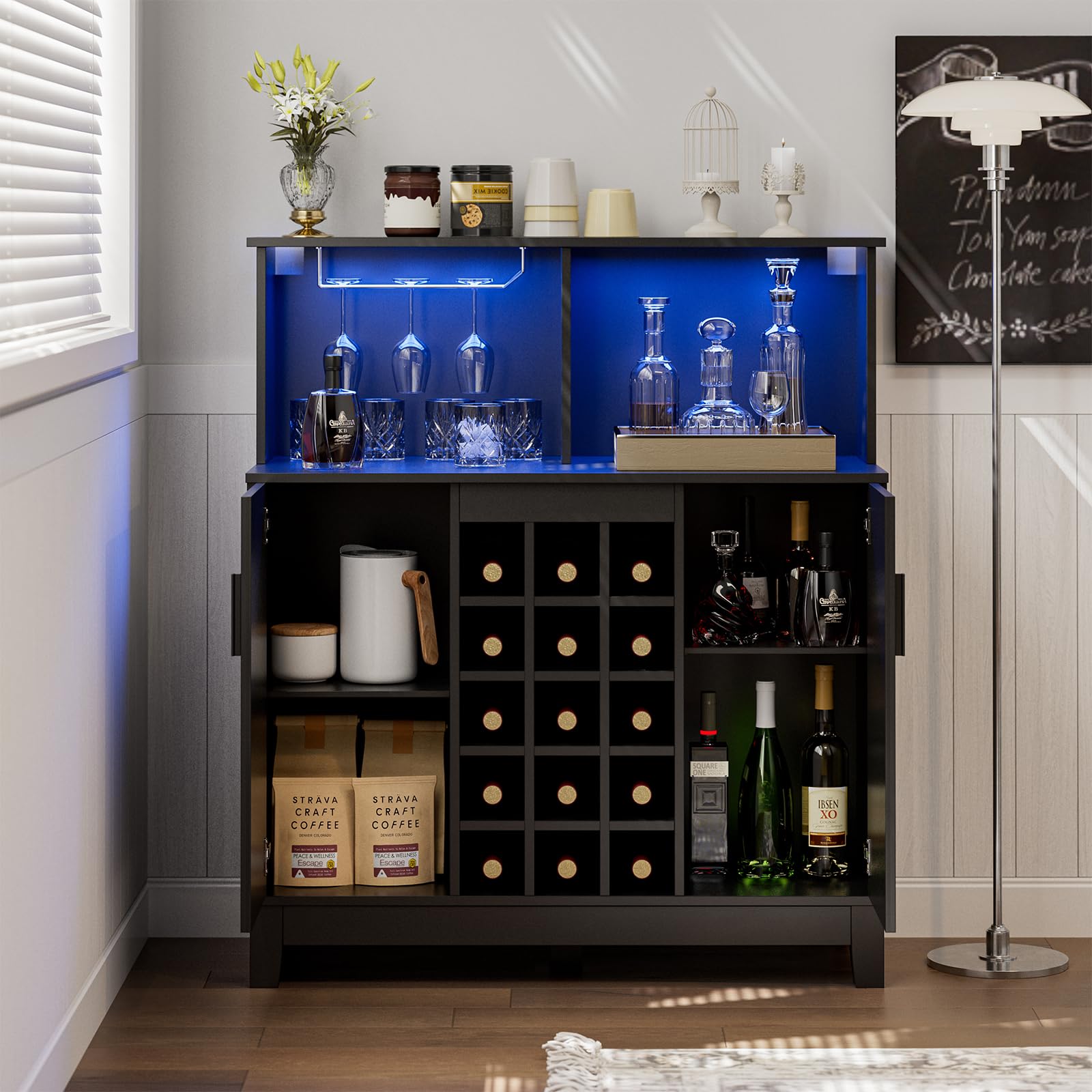Farmhouse Coffee Bar Cabinet with LED Lights - 39