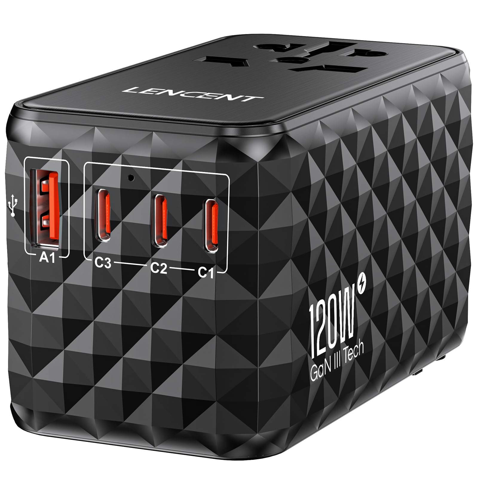 LENCENT 120W GaN Universal Travel Adapter with 4 Ports (1 USB-A & 3 USB-C) - Worldwide Fast Charger for iPhone, MacBook, Samsung, Laptops - Compatible with US/UK/EU/AU Plugs - Perfect for Business Travel, Vacation & International Trips (Black)