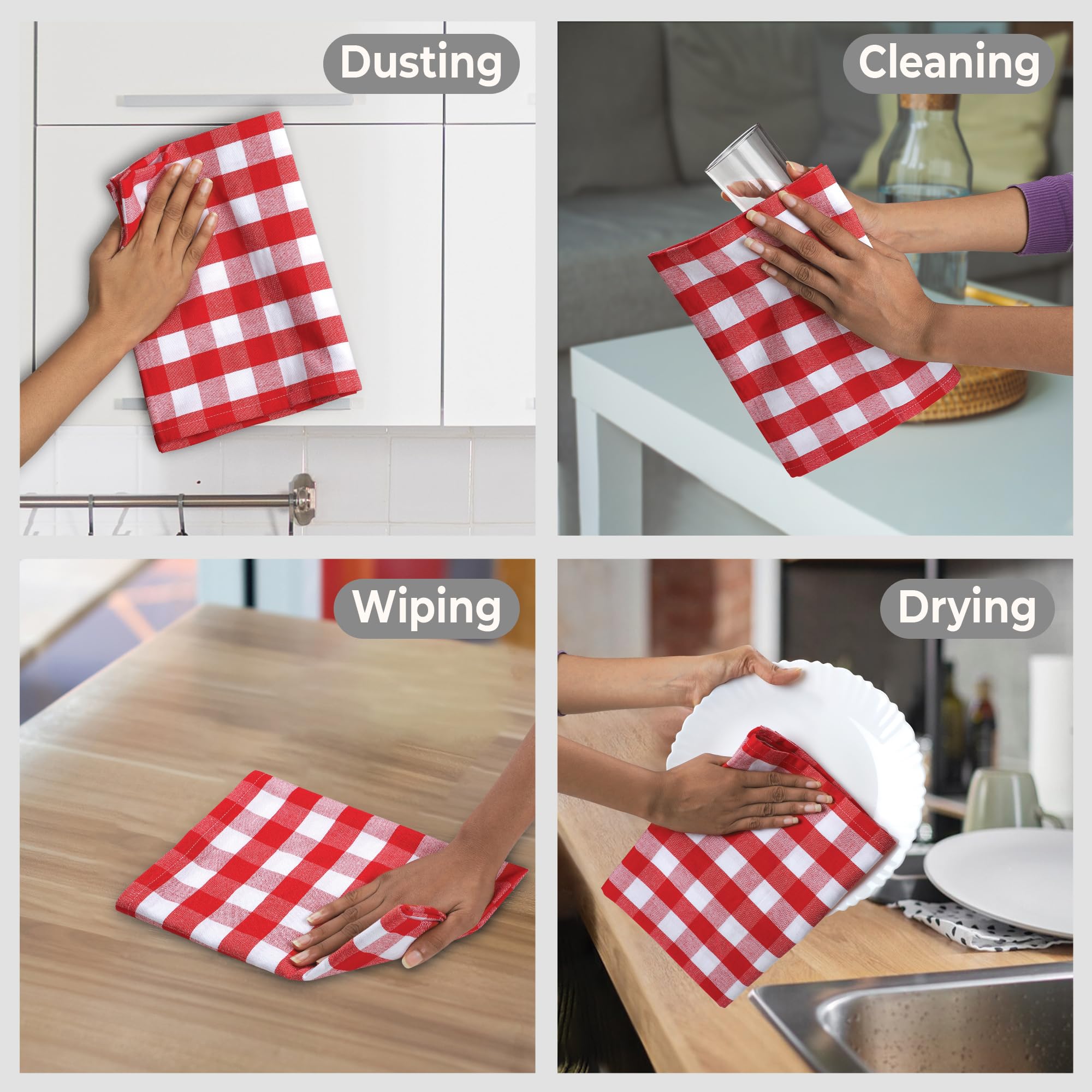 Urban Villa 6-Pack Buffalo Check Red & White Kitchen Towels - 20x30 Inches 100% Cotton, Super Absorbent & Ultra Soft with Mitered Corners | Perfect for Drying Dishes, Cleaning Countertops & Holiday Kitchen Decor