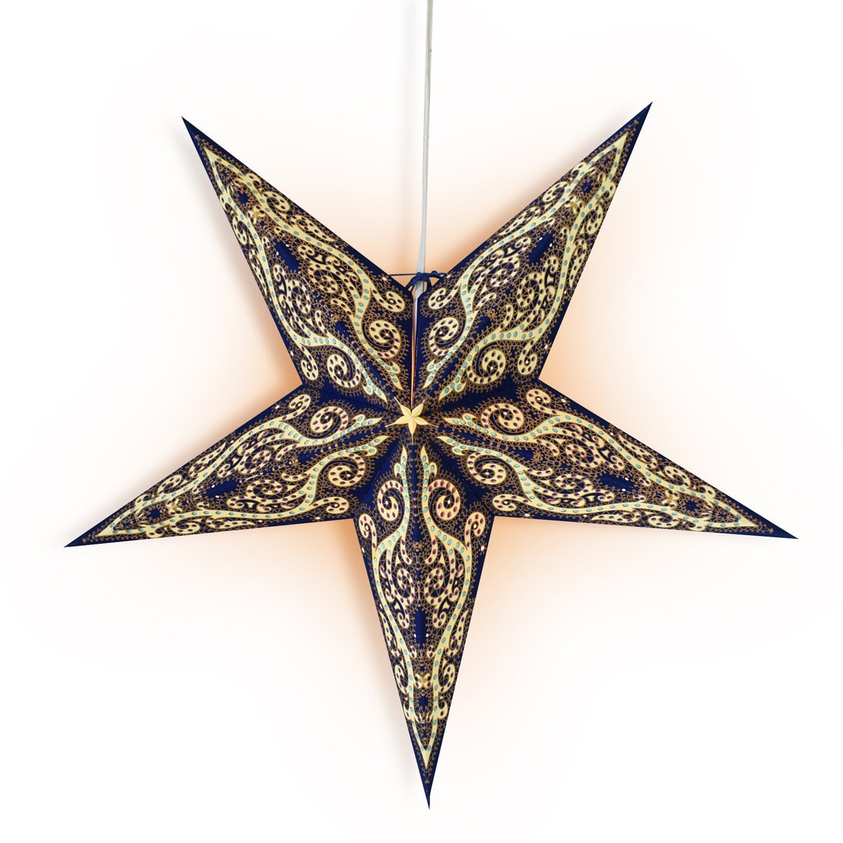 3 Pack 24 Blue Vines Paper Star Lanterns with LED Bulbs & Lamp Cord - Hanging Party Decor for Wedding, Baby Shower, Garden & Indoor Lighting
