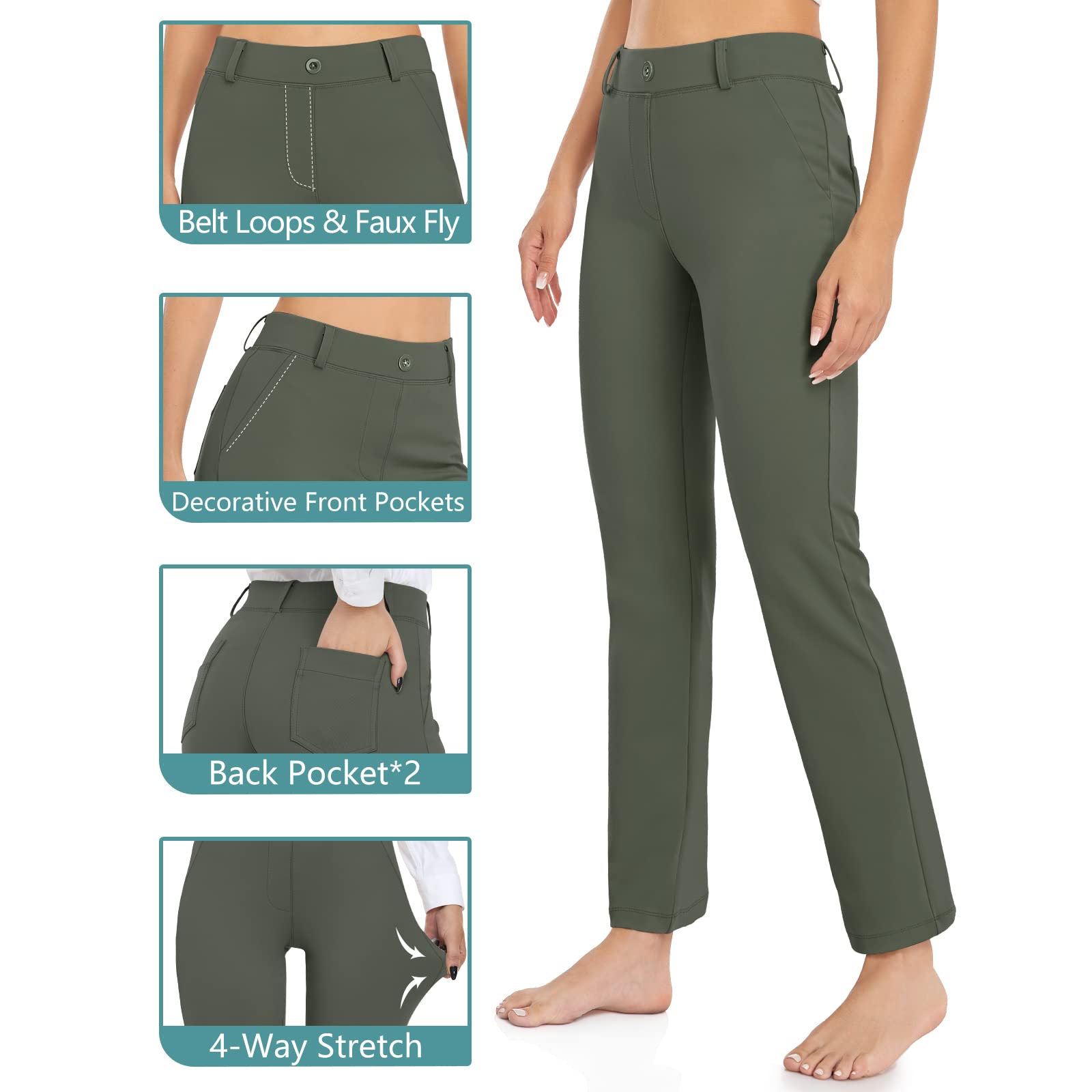 HISKYWIN Women's Stretchy Yoga Dress Pants - Straight Leg & Bootcut Office Slacks with Pockets for Business Casual, Petite Sizes - Perfect for Work, Yoga & Everyday Comfort