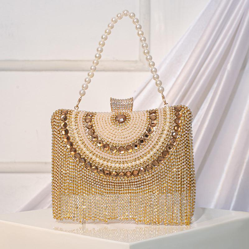 Gilded Geometry Crystal Embellished Evening Clutch Bag with Pearl Chain Strap - Gold & Silver Luxury Clutch for Weddings, Parties & Formal Events | Elegant Women's Dressy Handbag