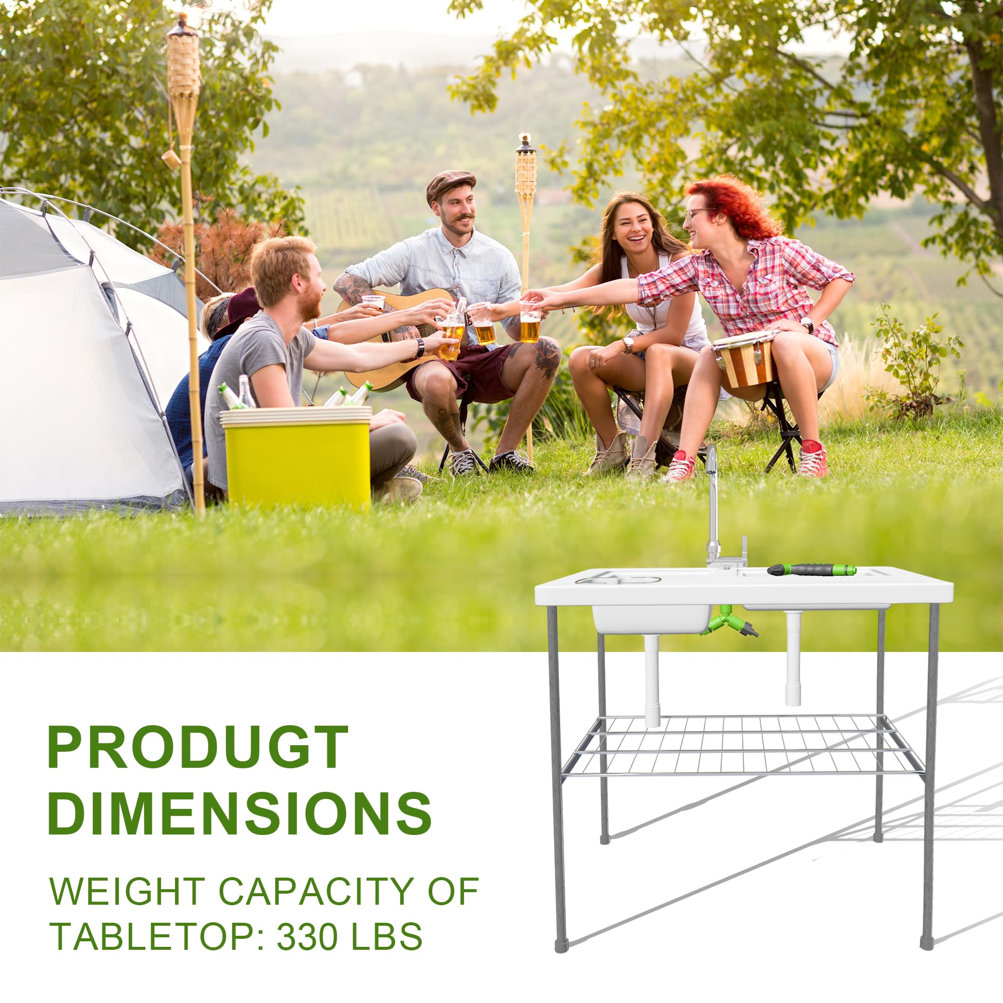 THUNDERBAY 40'' Heavy Duty Portable Folding Fish Cleaning Table with Double Sink & Faucet - Camping, Fishing, Outdoor Game Processing Station