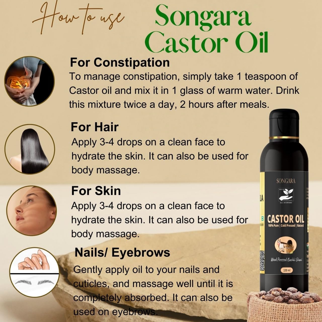 100% Pure Cold Pressed Castor Oil for Hair Growth, Skin & Nails - Natural Ayurvedic Arandi Taila (3.4 fl oz) - Promotes Thicker Hair, Healthy Skin & Strong Nails - Perfect for Hair Care, Massage & Beauty Routines