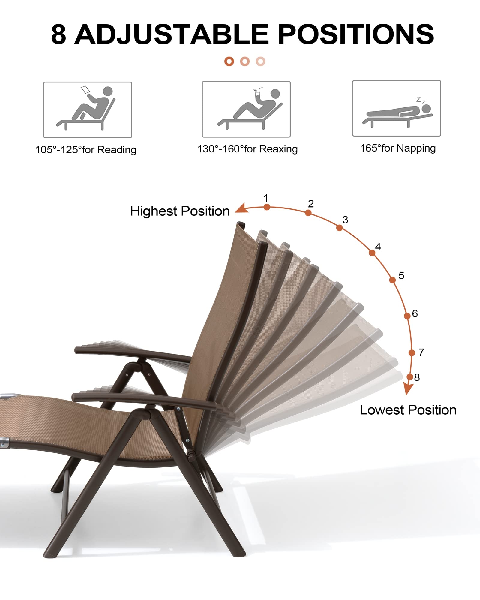 Crestlive Folding Patio Chaise Lounge Chair - Adjustable Aluminum Outdoor Pool Recliner with 8 Positions, No Assembly Required - Perfect for Backyard, Beach, and Poolside Relaxation