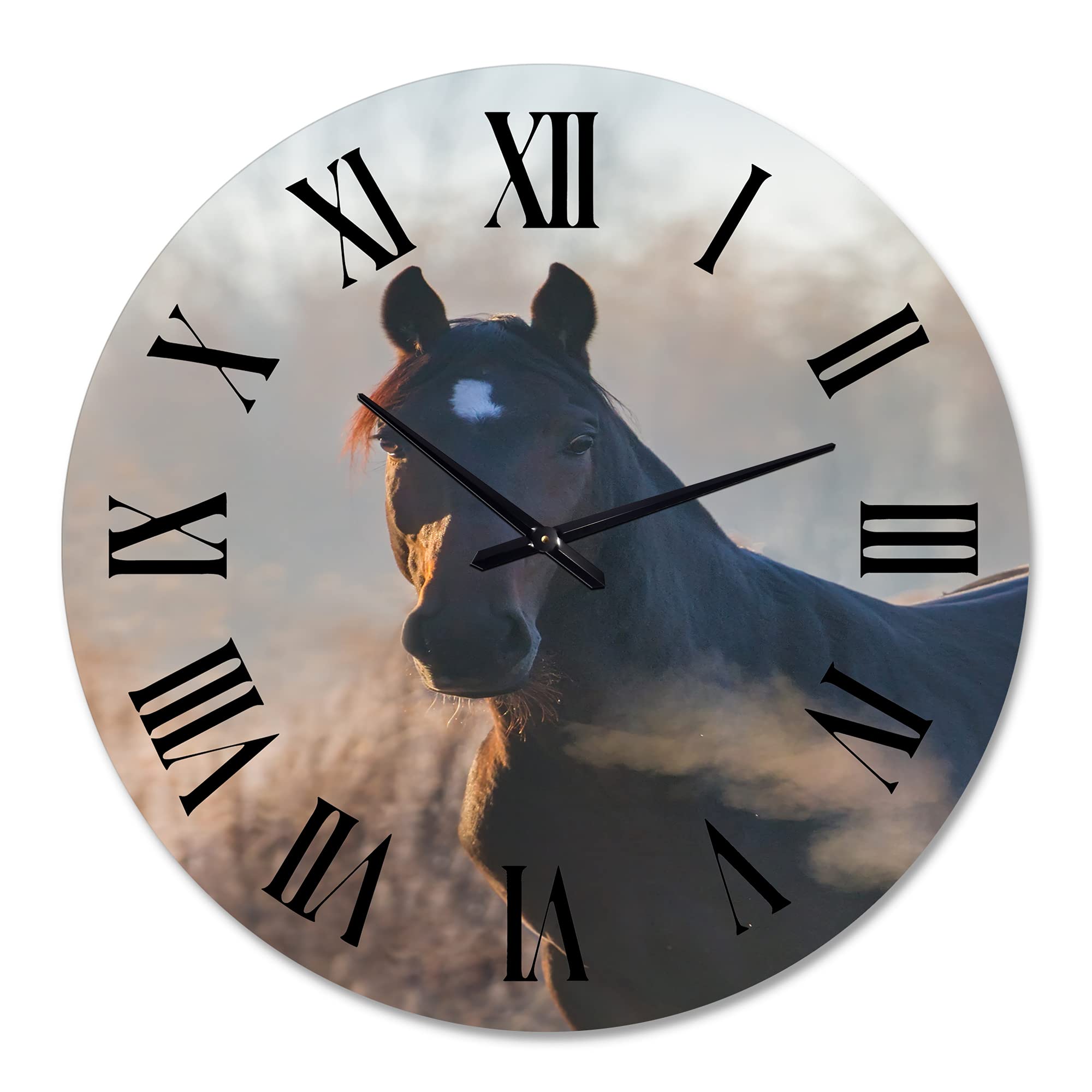 Farmhouse Wall Clock - Large Horse Portrait on Autumn Morning - Rustic Kitchen Decor & Home Wall Art - Perfect for Living Room, Bedroom, or Office
