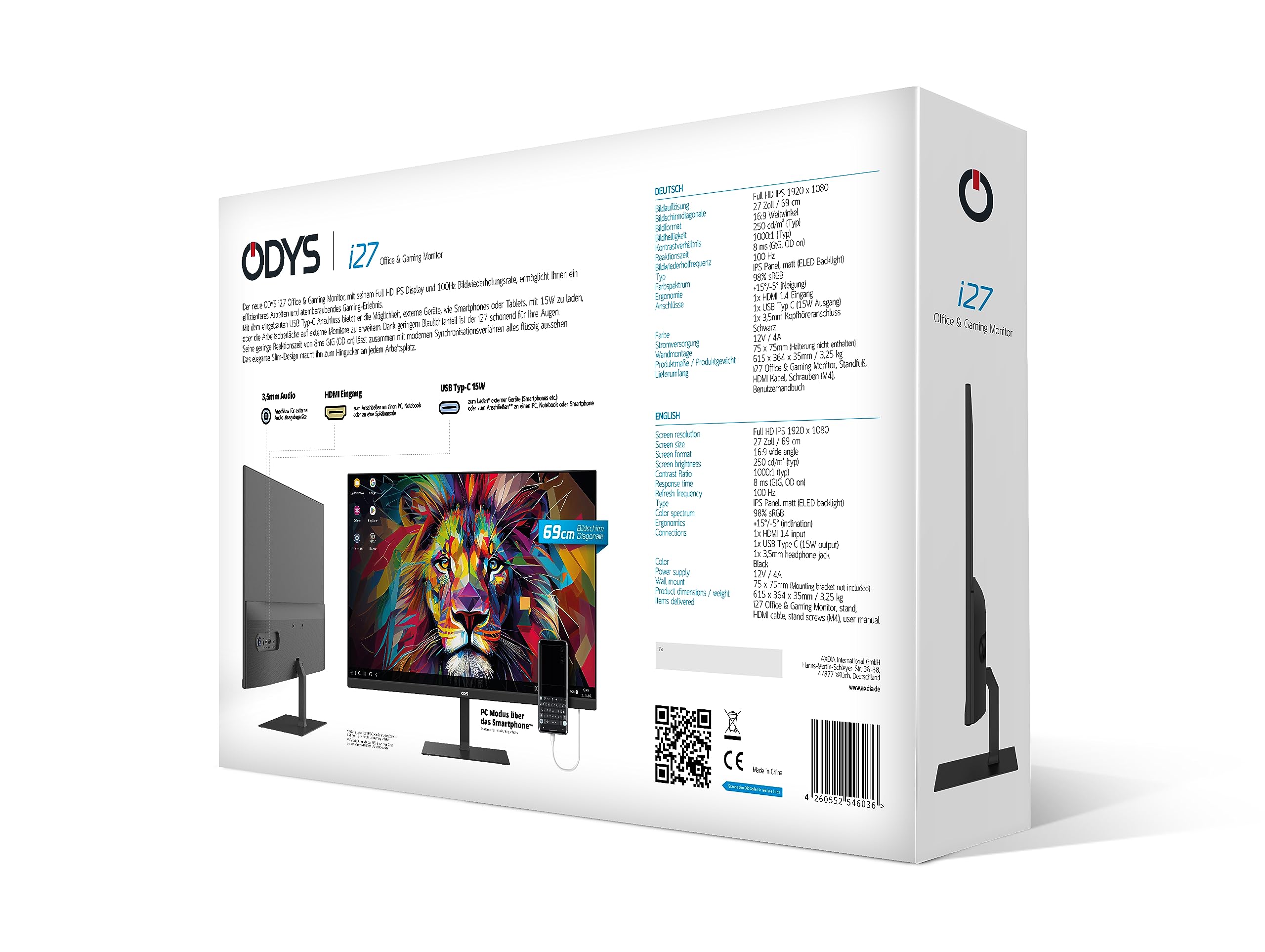 ODYS i27 27-Inch Frameless Monitor - Full HD 100Hz HDR IPS Panel with FreeSync, HDMI, USB-C & 3.5mm Audio - Perfect for Gaming, Office Work & Home Entertainment