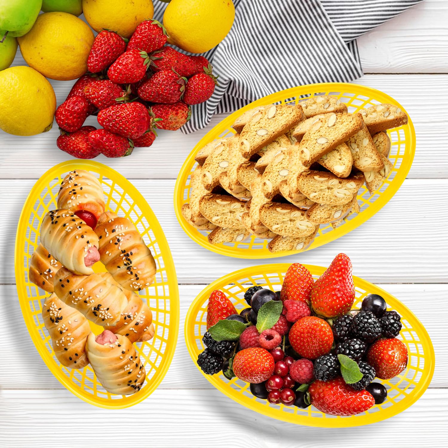 80 Pcs 9x5.7 Inch Reusable Plastic Fast Food Baskets - Heavy Duty Oval Serving Trays for Restaurants, Parties, Picnics, BBQs & Snacks | Durable & Eco-Friendly Food Containers for Commercial & Home Use (Yellow) by KUKLIPJIM