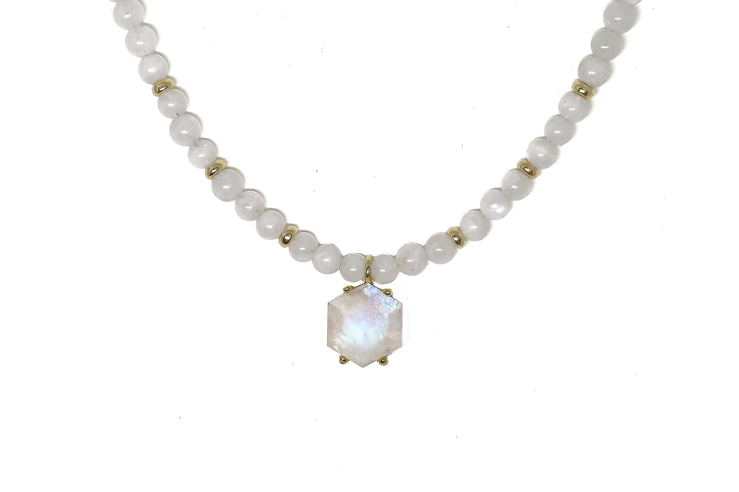 Rainbow Moonstone Hexagon Pendant Beaded Necklace - June Birthstone Jewelry for Women - Handmade Gemstone Necklace for Everyday Wear, Gift Giving & Spiritual Healing