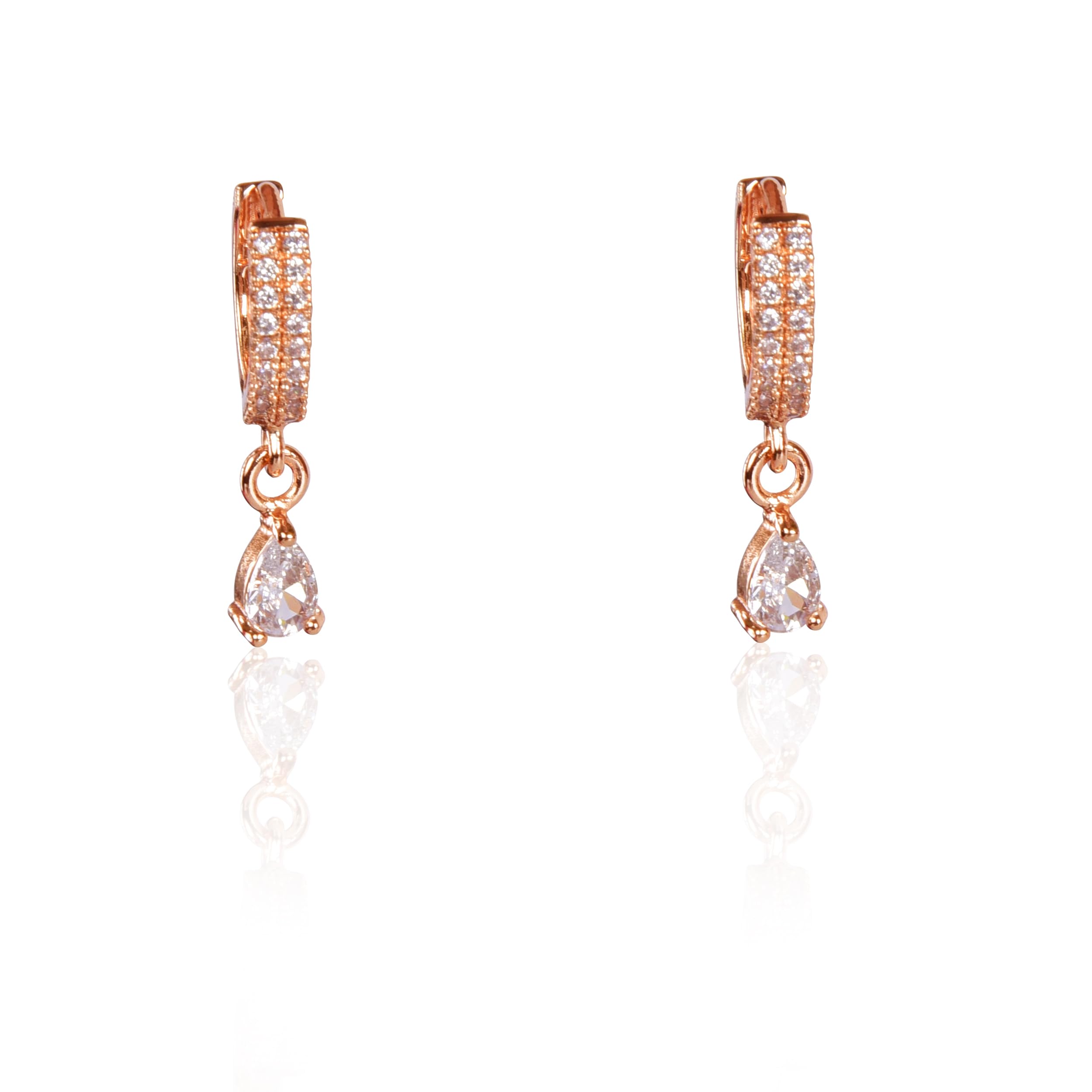 18K Rose Gold Plated Clip-On Hoop Earrings for Women | Stylish Zircon Drop Design Earrings | Fashion Jewelry Gift for Girls & Women | Perfect for Parties, Weddings & Daily Wear