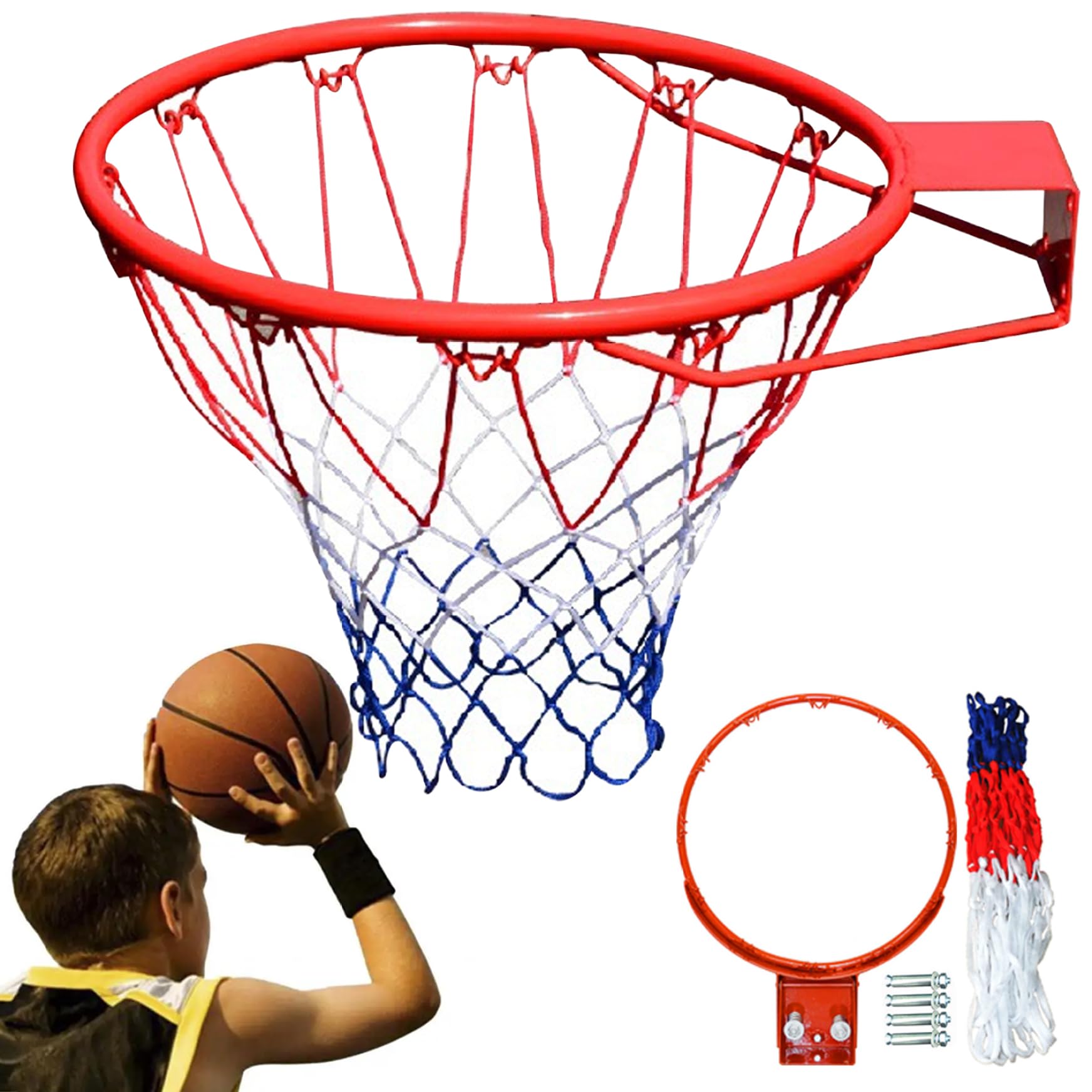 15 Inch Steel Basketball Rim Replacement with Net - Durable Wall Mount Hoop for Kids & Adults - Indoor & Outdoor Sports Equipment for Driveway, Backyard, Gym & Playground Use