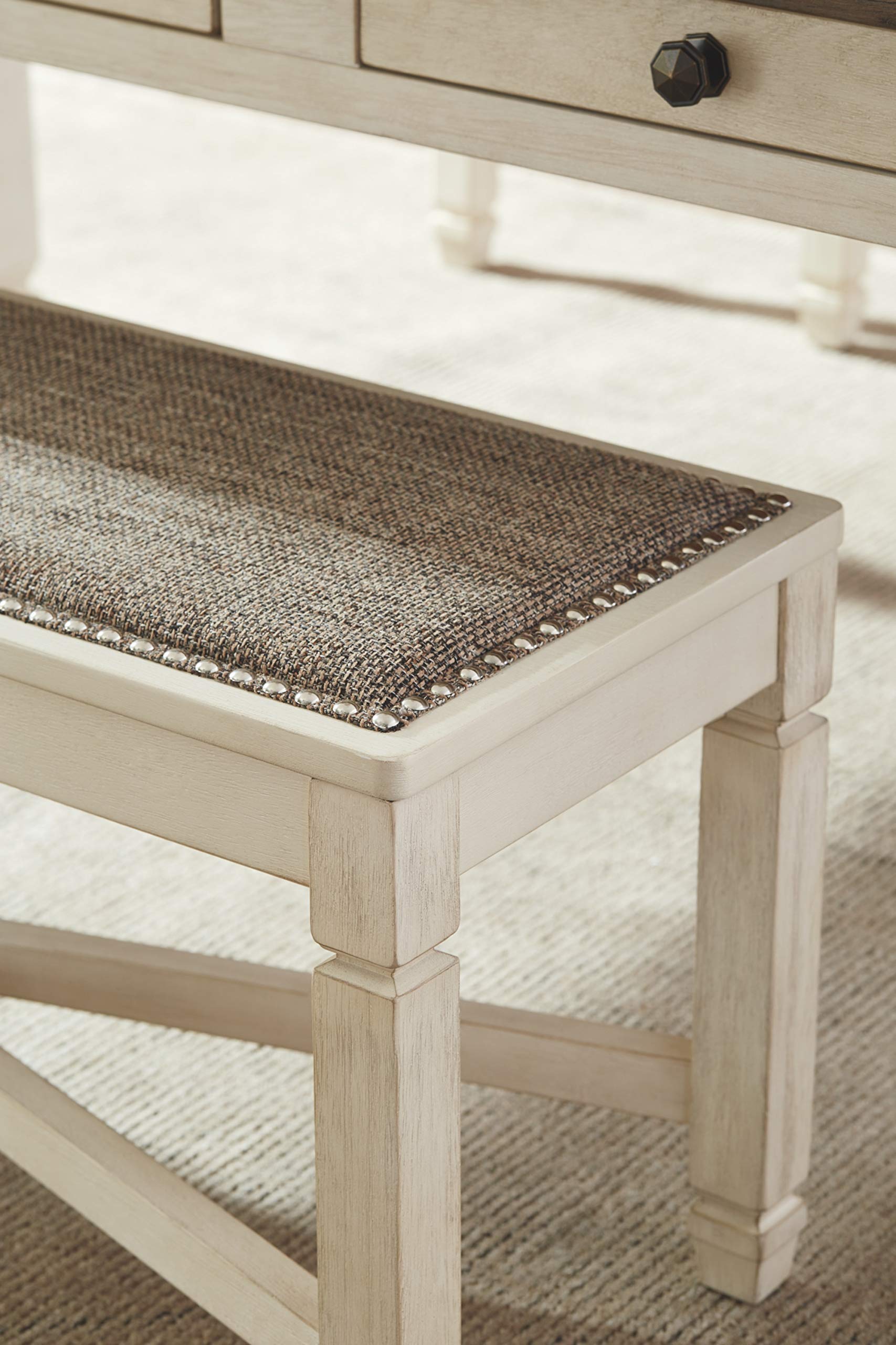 Signature Design by Ashley Bolanburg French Country Upholstered Dining Room Bench in Antique White - Perfect for Farmhouse Dining Sets, Kitchen Nooks & Entryway Seating