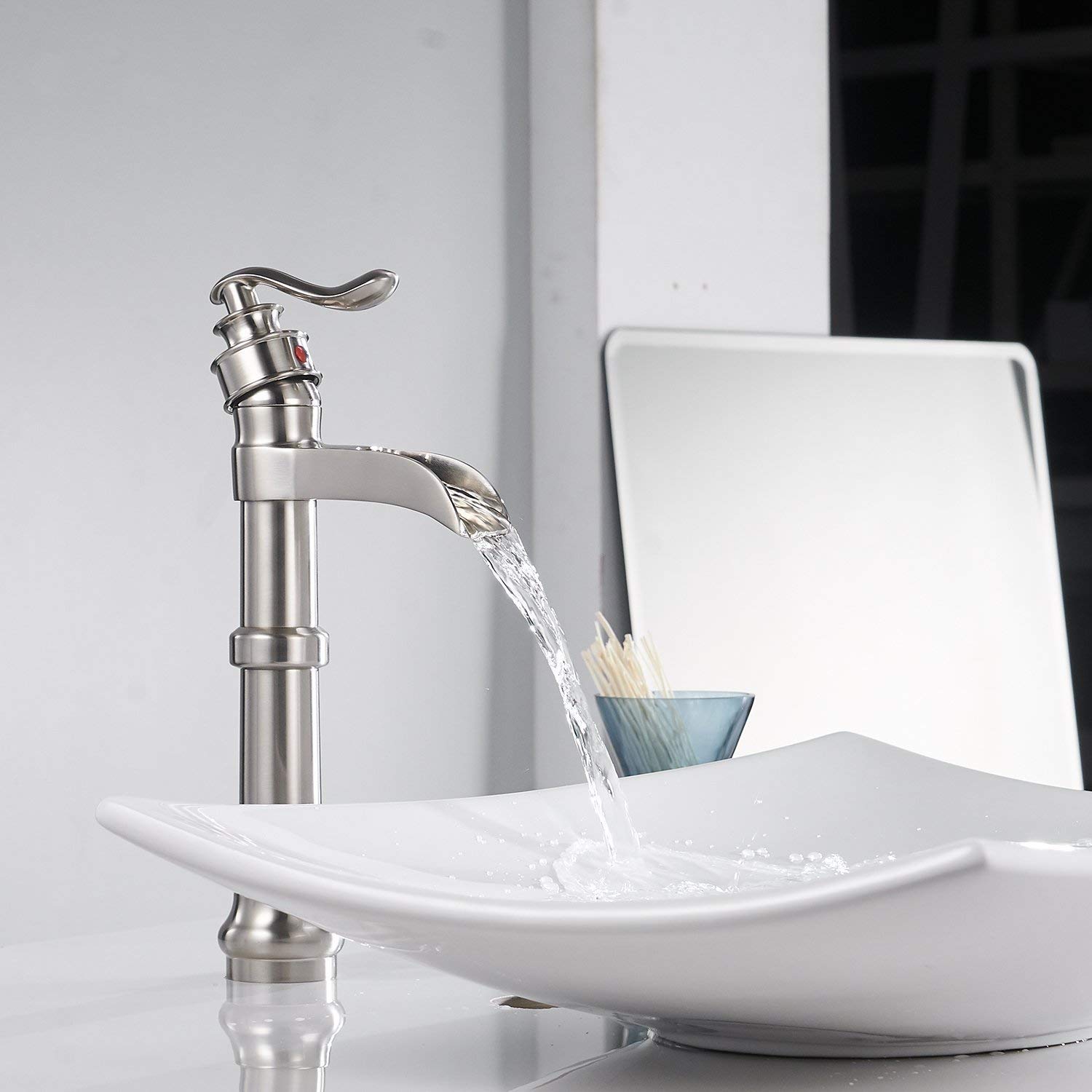 Brushed Nickel Pop Up Drain with Overflow for Bathroom Vessel Sink - Matching Faucet Set for Modern Vanity & Bowl Sink Installation | Perfect for Home Renovation & Luxury Bathroom Upgrade