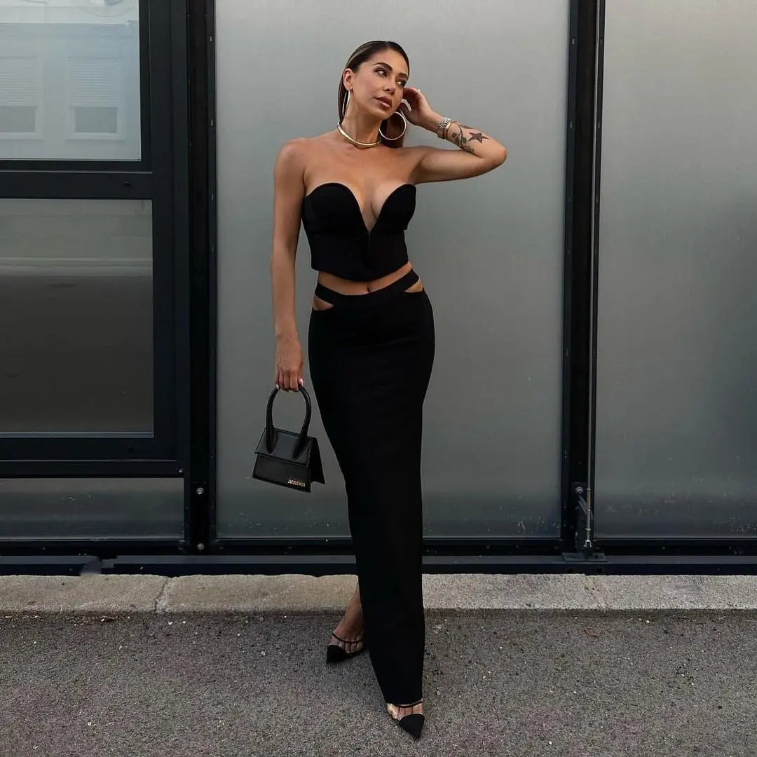 Sexy Women's 2-Piece Outfit - Deep V Neck Strapless Top & Hollow Out Long Skirt Set for Evening Party, Beach Vacation, Date Night and Special Occasions