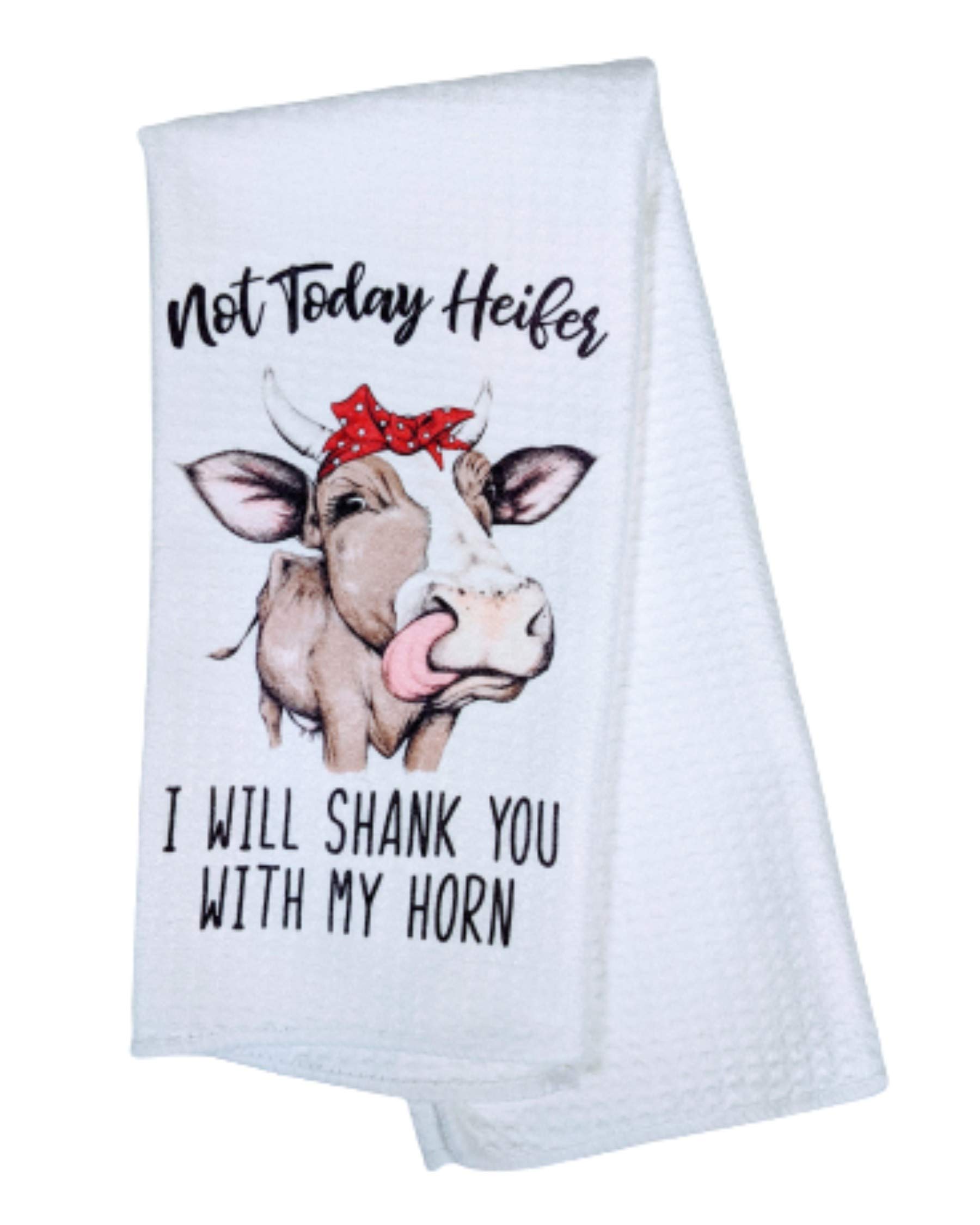 Funny Cow Kitchen Towel - Not Today Heifer I Will Shank You With My Horn - Waffle Weave Farmhouse Decor for Kitchen, Funny Gift for Cow Lovers, Farm Themed Home Accessories