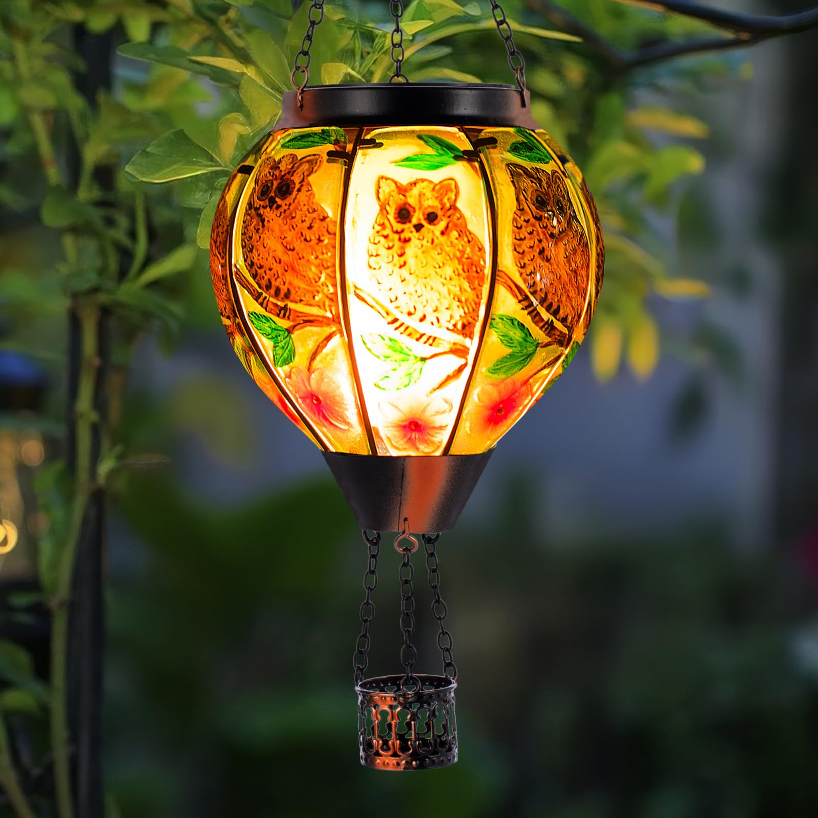 Solar-Powered Owl Hot Air Balloon Lantern with Flame Effect - Waterproof Outdoor Hanging Light for Garden, Patio, Porch & Yard Decor | Perfect for Romantic Evenings, Parties & Landscape Lighting