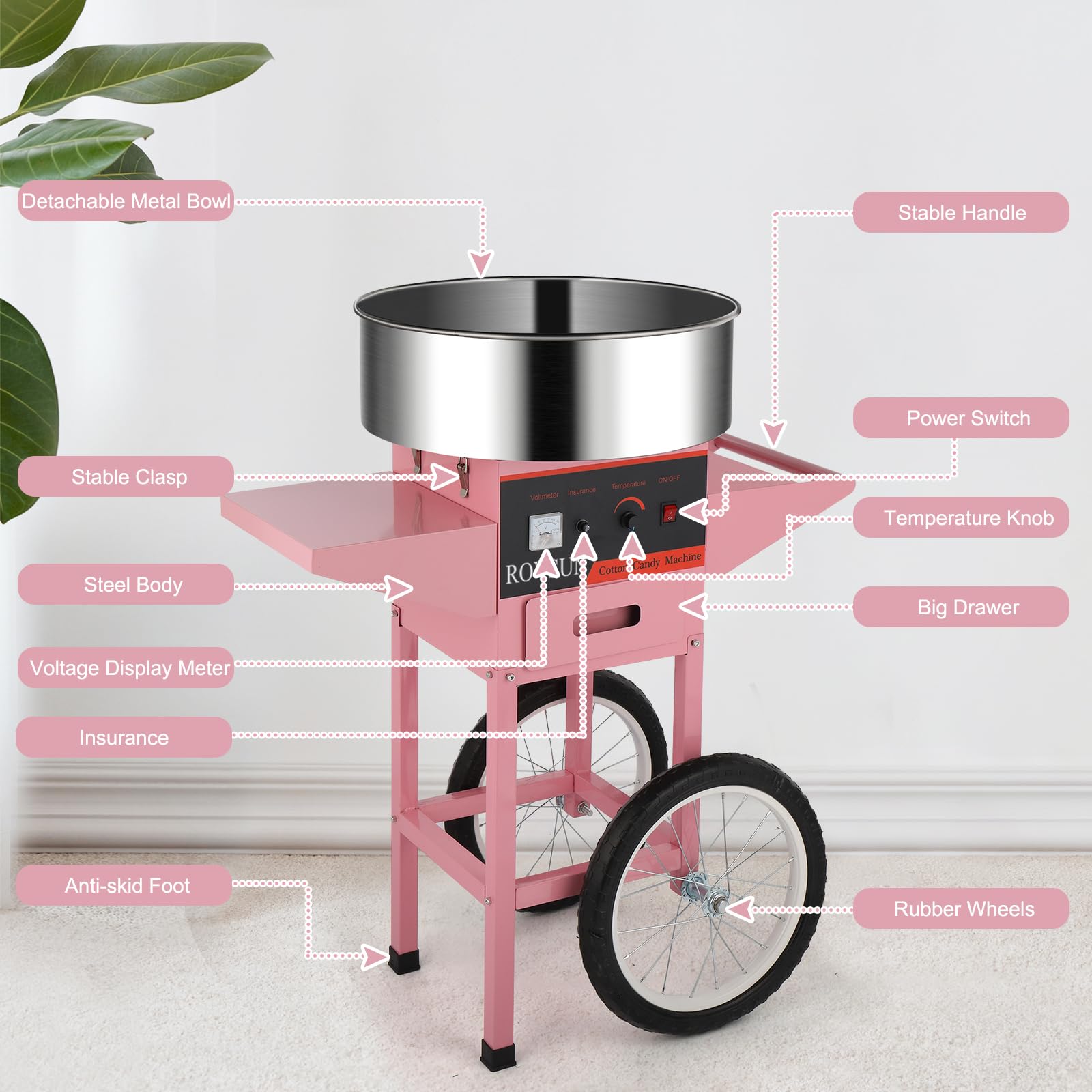 ROVSUN 21 Inch Commercial Cotton Candy Machine Cart - Stainless Steel Bowl Candy Floss Maker with Sugar Scoop & Storage Drawer - Perfect for Home Parties, Carnivals, Fairs & Events (Pink)