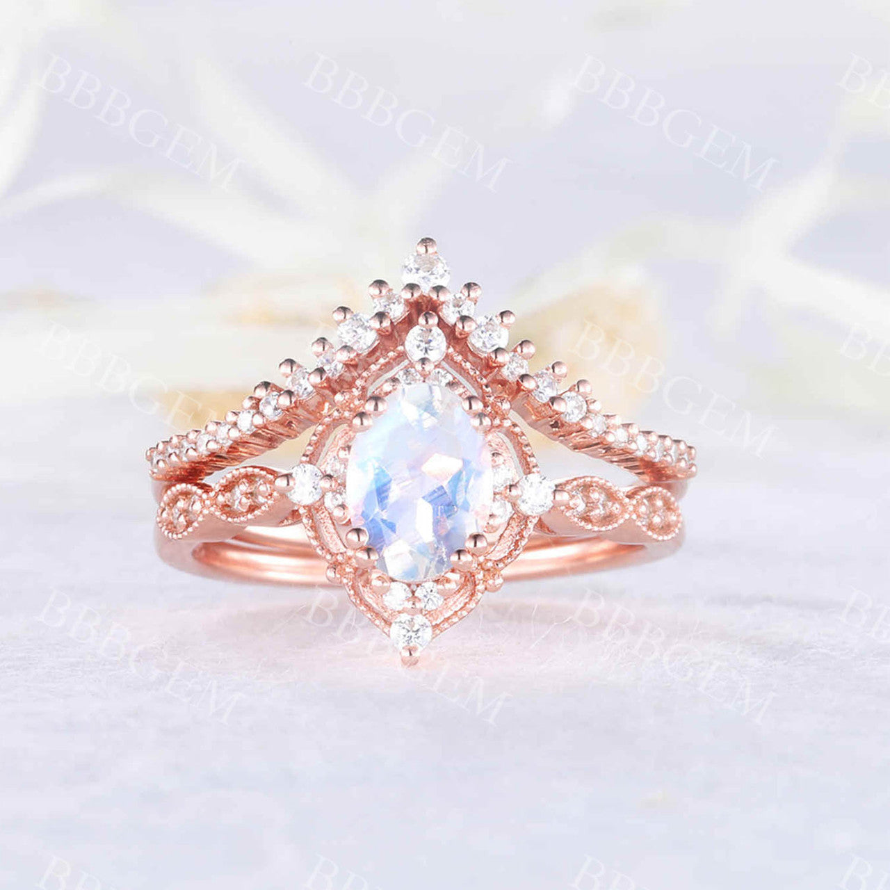 Antique Art Deco Moonstone Engagement Ring Set in Rose Gold - Oval Faceted Moonstone with Milgrain Detailing for Bridal & Wedding Jewelry | Perfect for Vintage-Inspired Proposals & Anniversary Gifts