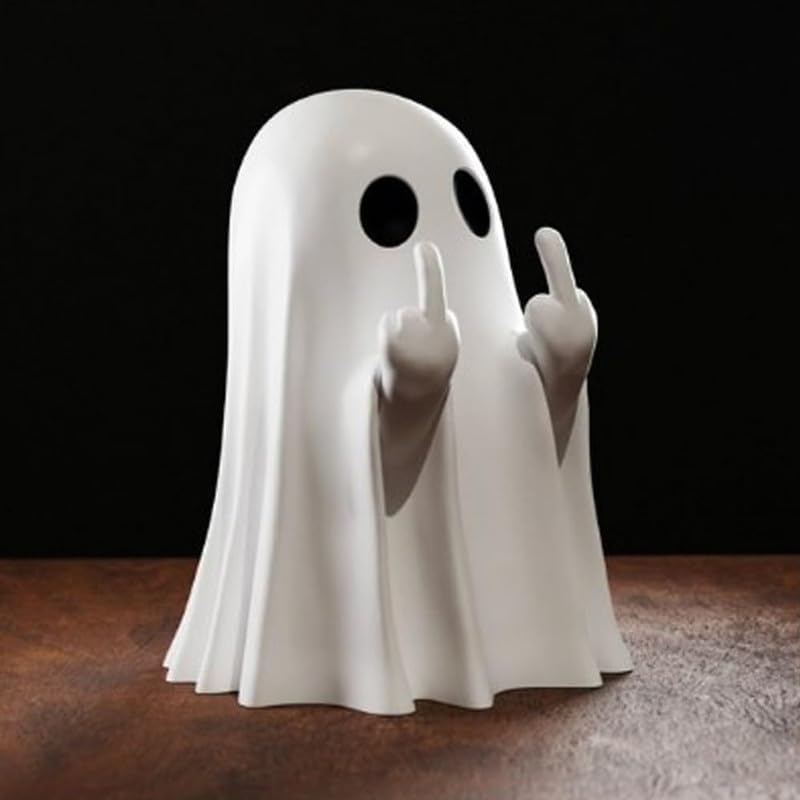 Cute Ghost Statue - Halloween Decor with Middle Finger - Spooky Ghost Figurine for Home, Office & Party Decorations - Funny & Unique Gift Idea