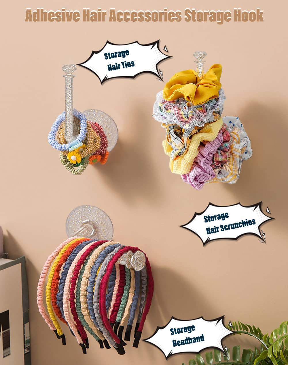 4 Pcs Clear Glitter Adhesive Scrunchies Holder - Waterproof DIY Hair Accessories Organizer - Wall Hooks for Scrunchy Storage, Headbands & Hair Ties - Perfect for Girls' Room, Bathroom & Dorm Organization