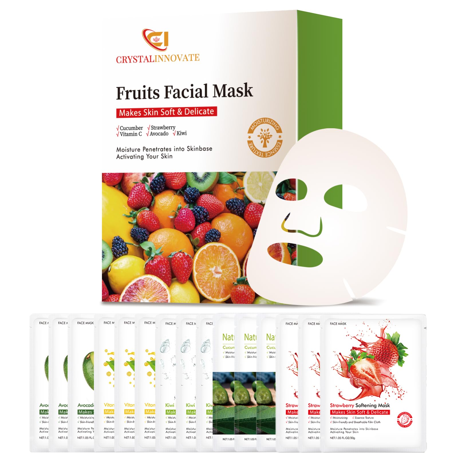 Korean Organic Fruit Collagen Face Mask with Aloe Vera, Vitamin C & B5 - 15 Pack Hydrating Sheet Masks for Glowing Skin | At-Home Spa Treatment, Self-Care Routine & Gift for Women