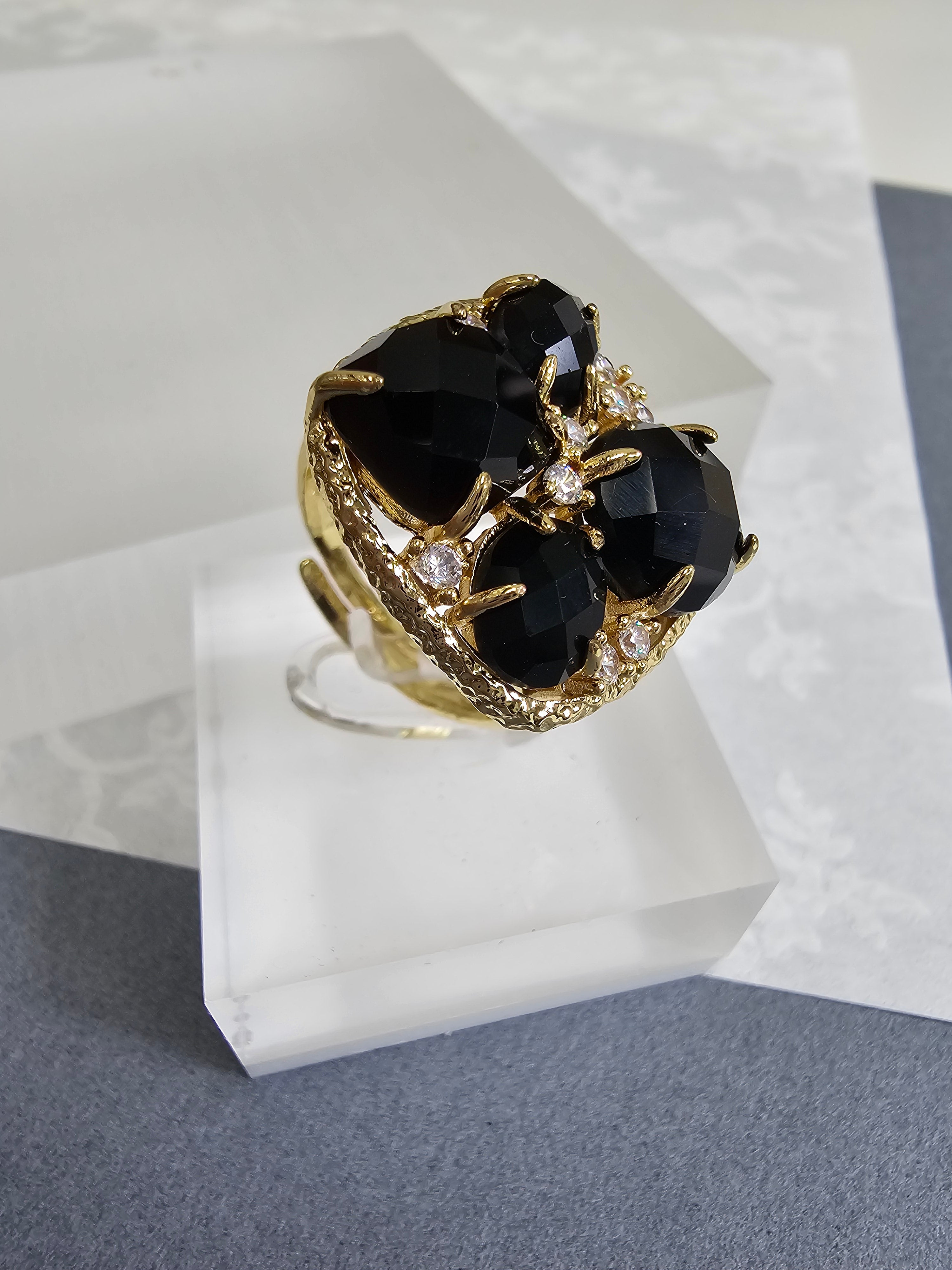 Elegant Black Agate & Zircon Statement Ring for Women - NR002 | Luxury Fashion Jewelry for Evening Parties, Weddings & Special Occasions