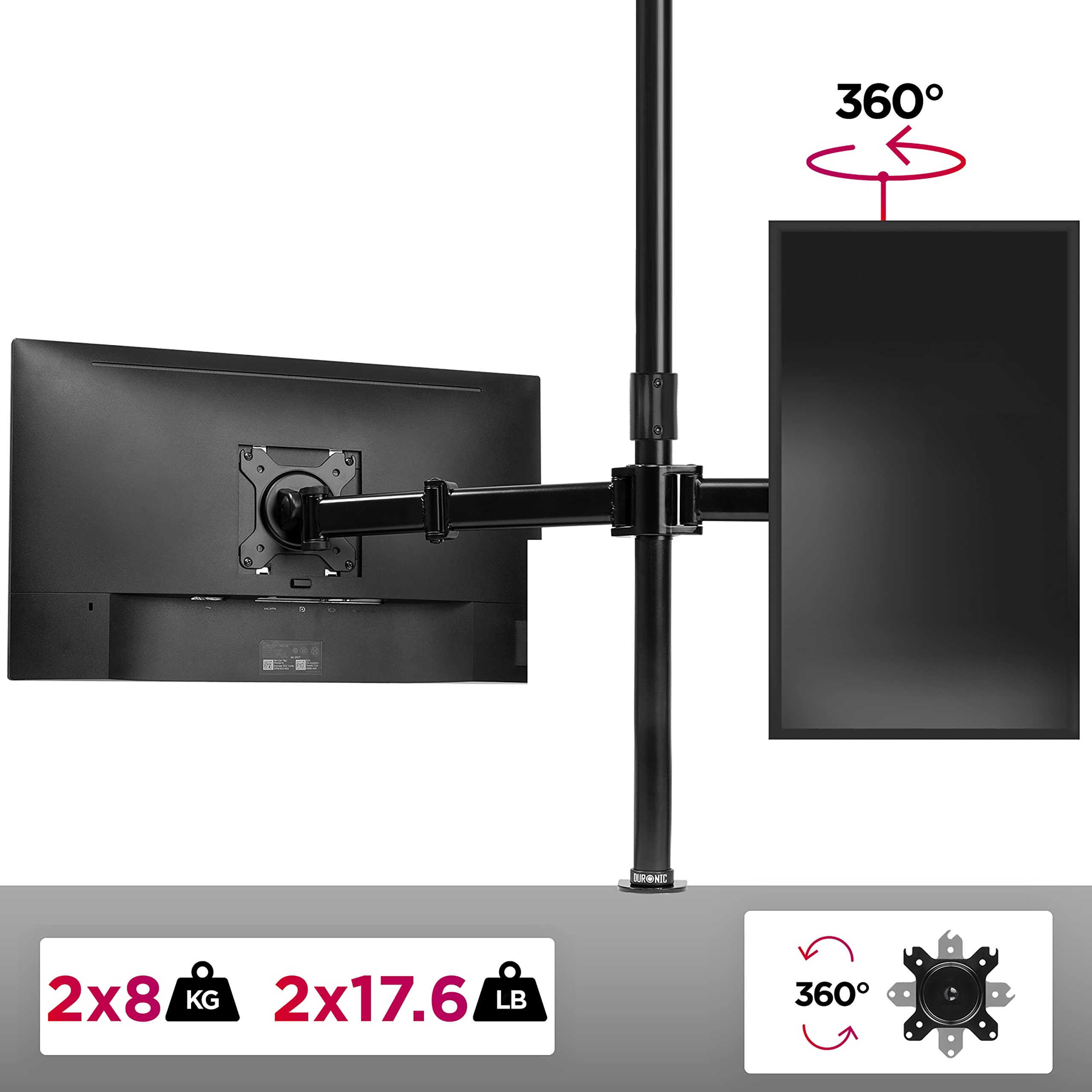Duronic DMT252 Dual Monitor Stand - Height Adjustable PC Monitor Arm with 100cm Pole, C-Clamp Mount for 13-27