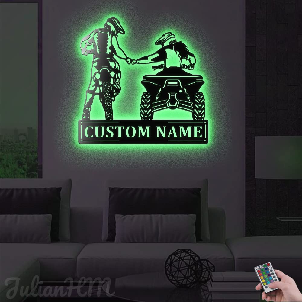 Custom Family Dirt Bike & ATV Metal Wall Art with LED Lights - Personalized Motocross Name Sign for Couples - 12x12 Inch Home Decor for Living Room, Bedroom or Man Cave - Perfect Gift for Bikers & Off-Road Enthusiasts