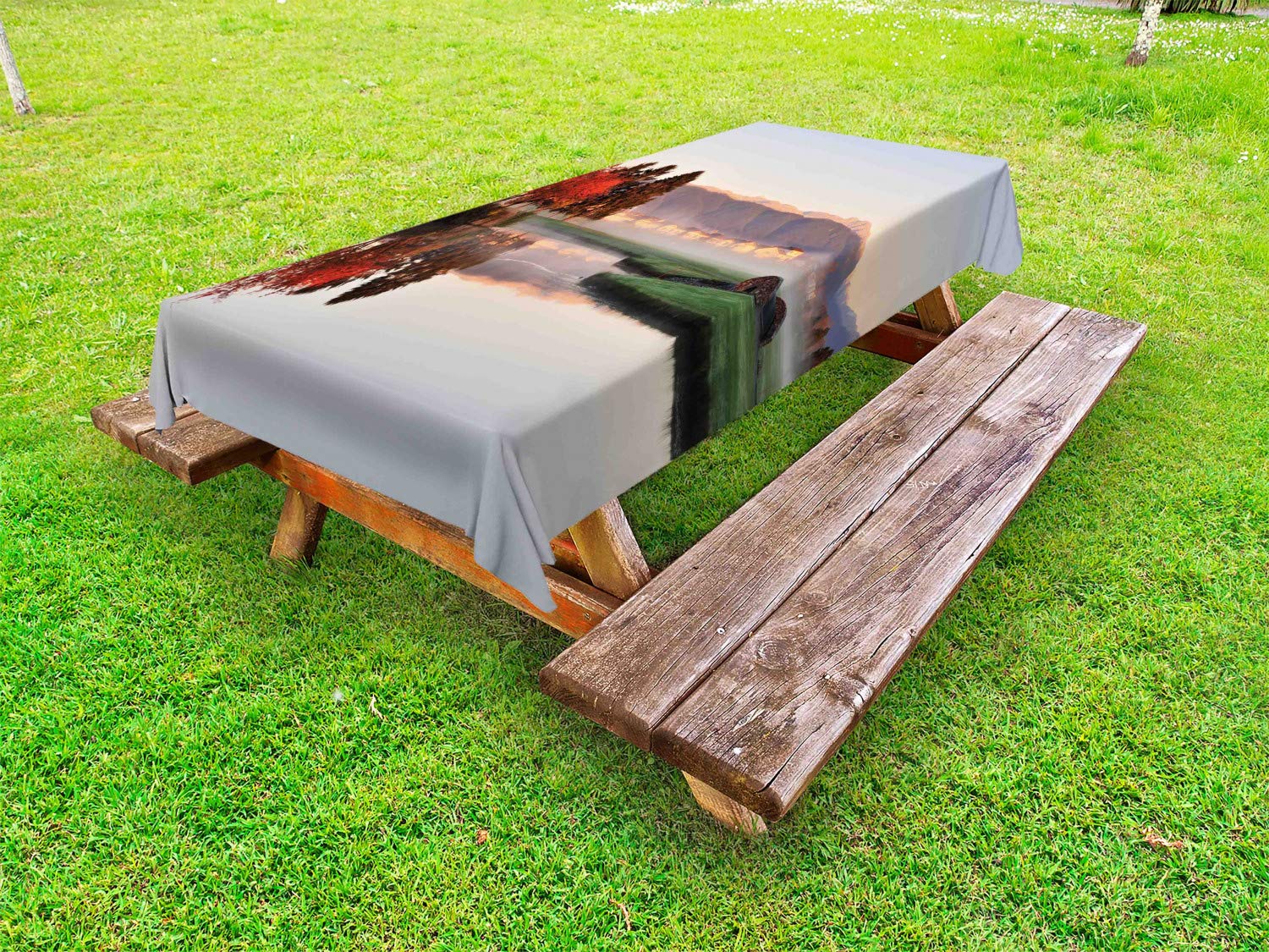 Ambesonne Autumn Tablecloth - Vibrant Maple & Pine Trees Reflection on Stone Bridge Over Creek, Washable Picnic Table Cover 58x104 Inches - Perfect for Outdoor Dining, Fall Parties, and Seasonal Home Decor