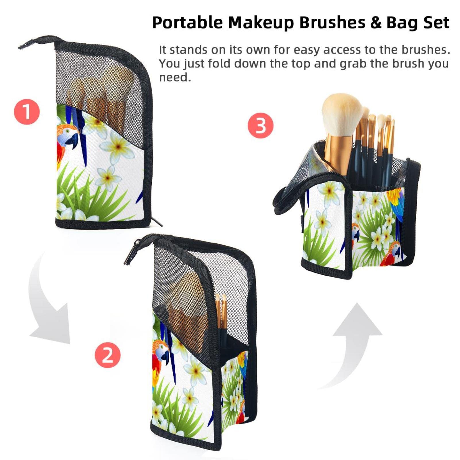 12-Piece Makeup Brush Organizer Bag with Parrot & Palm Leaves Design - Portable Travel Cosmetic Brush Holder Case for Professional Makeup Artists & Beauty Enthusiasts (Perfect for Travel, Home Vanity & Salon Use)
