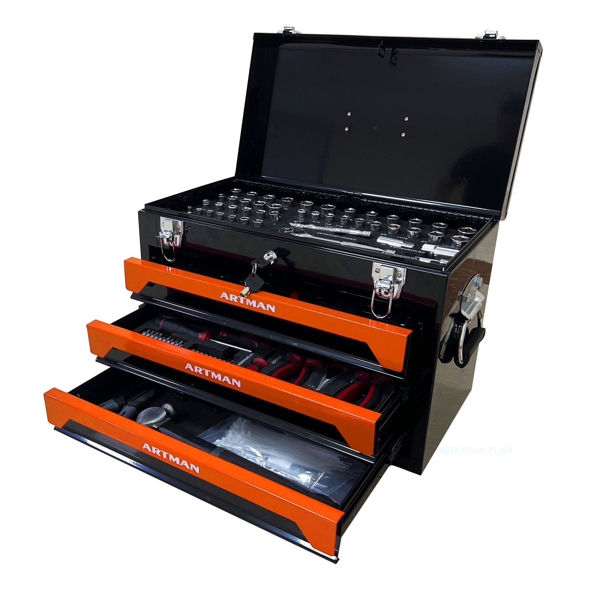 20'' Portable 3-Drawer Steel Toolbox with Metal Latches | 4-Layer Tool Organizer with Top Storage Tray & Carrying Handle | Heavy-Duty Multi-Function Tool Storage for Garage, Home & Workbench (Black & Orange) | Perfect for DIY Projects, Auto Repair & Workshop Organization