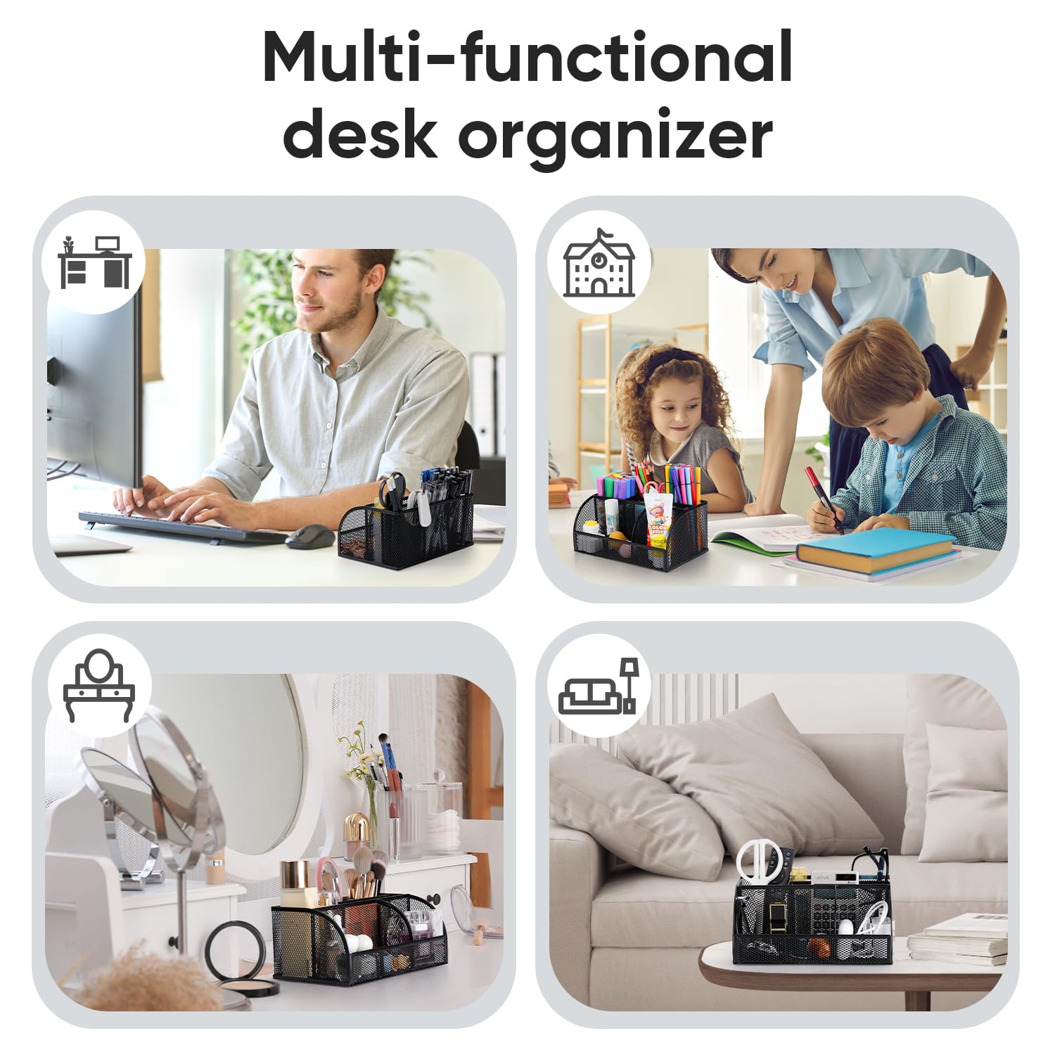 Deli 7-Compartment Black Mesh Desk Organizer with Pen Holder - Metal Office Desktop Organizer & Stationery Caddy for Home, Office, and School Workspace Organization
