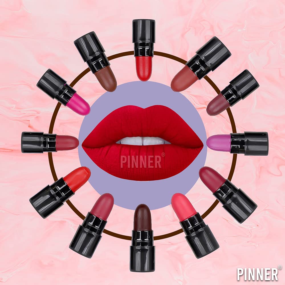 PINNER London Look Mini Pocket Lipstick Combo - 12 Vibrant Shades (Red, Magenta, Mauve, Purple, Peach, Cherry, Nude, Maroon, Brown, Pink, Disco Orange, Chocolate) 17.5g | Travel-Friendly, Everyday Wear & Party Makeup Essential