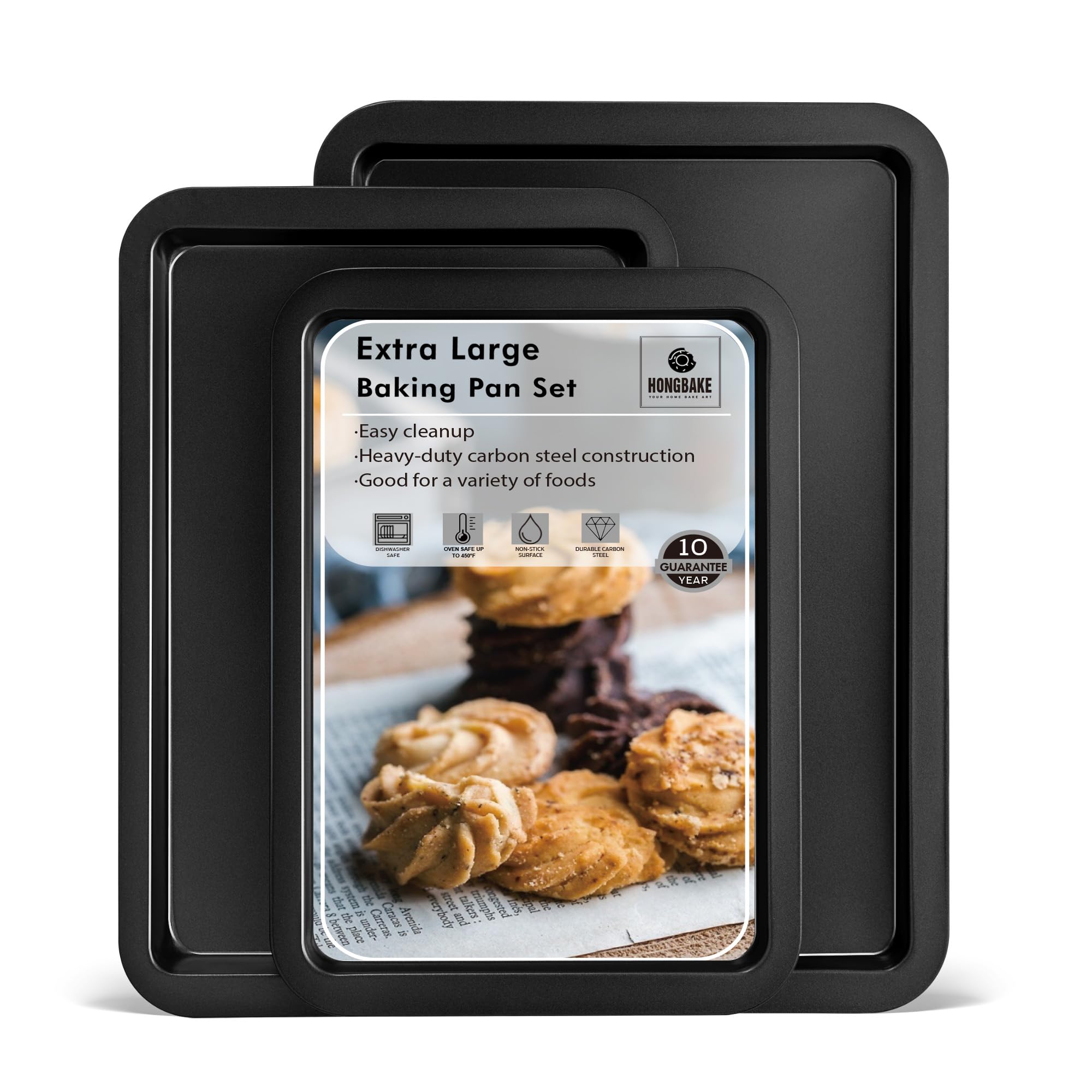 HONGBAKE XL Large Baking Sheet Set - 19x13.25 Inch Nonstick Cookie Sheet Pan, Oven Tray with Wider Grips, 3-Pack Heavy Duty Bakeware, Dishwasher Safe - Dark Grey | Perfect for Cookies, Roasting Vegetables, Baking Pizzas & Sheet Pan Meals
