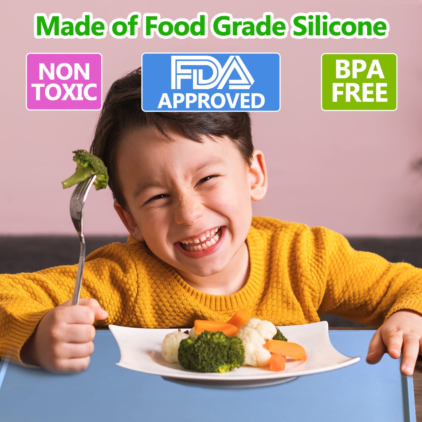 Non-Slip Silicone Placemats for Kids & Toddlers - Heat Resistant, Washable Baby Dining Mats (3 Pack, Blue/Grey/Brown) - Perfect for Home, Travel & Restaurant Use