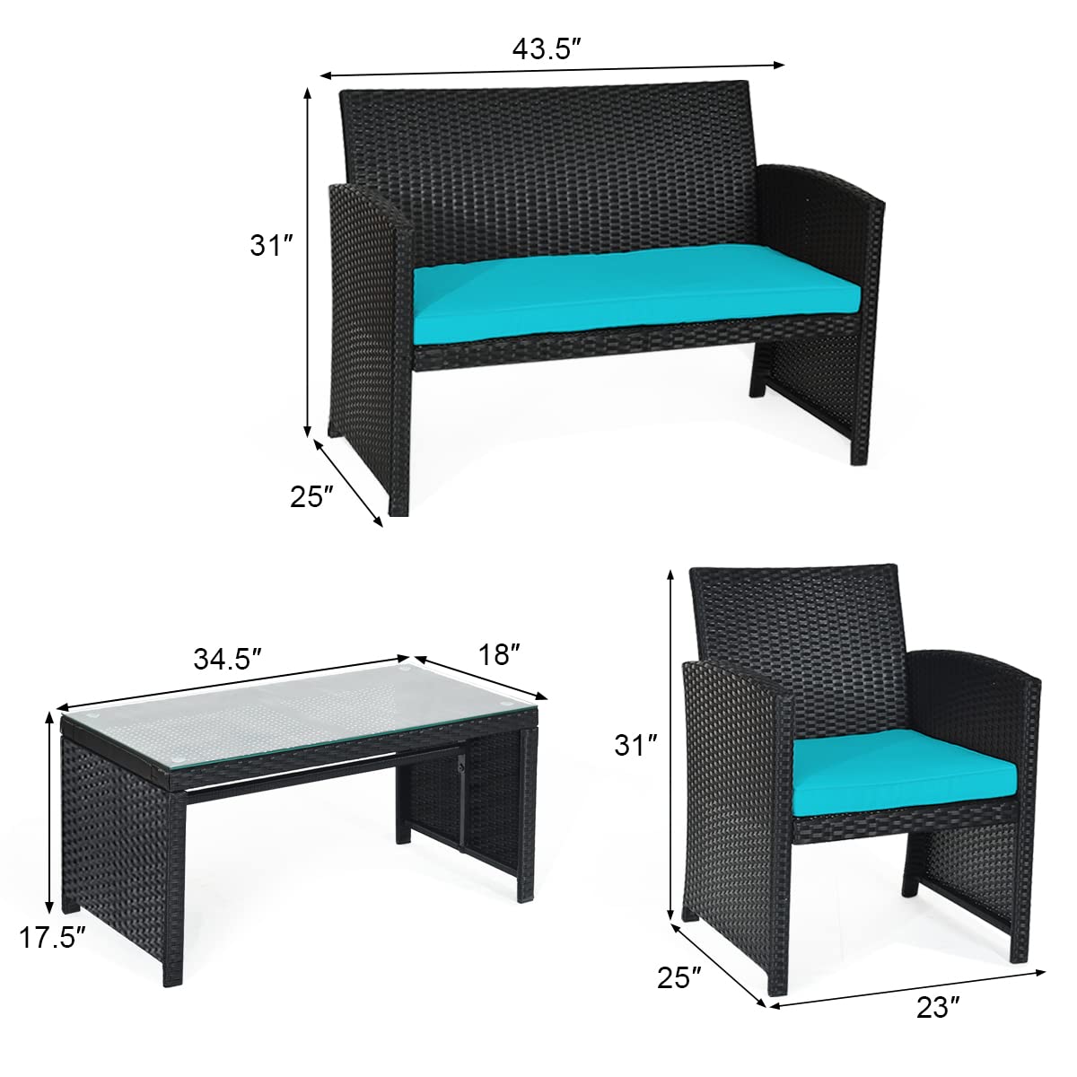 COSTWAY 4-Piece Outdoor Rattan Patio Furniture Set with Cushions & Glass Coffee Table - Wicker Sofa Conversation Set for Backyard, Porch, Garden, Lawn (Turquoise) | Perfect for Relaxing, Entertaining & Outdoor Dining