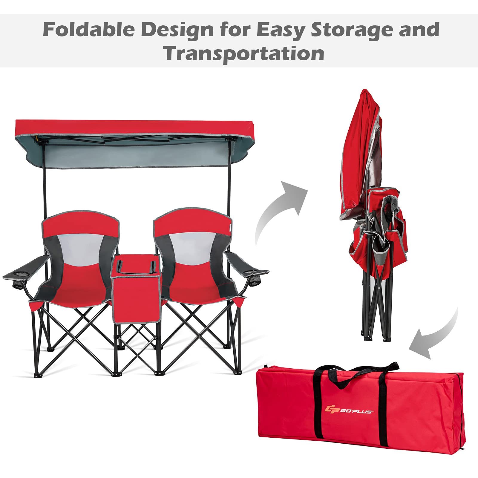 Goplus Double Beach Chair with Canopy Shade - Portable Folding Lawn & Camping Chairs with Sunshade, Mini Table, Beverage Holder & Carrying Bag - Perfect for Outdoor Travel, Hiking, Fishing, Poolside & Backyard Relaxation (Red)