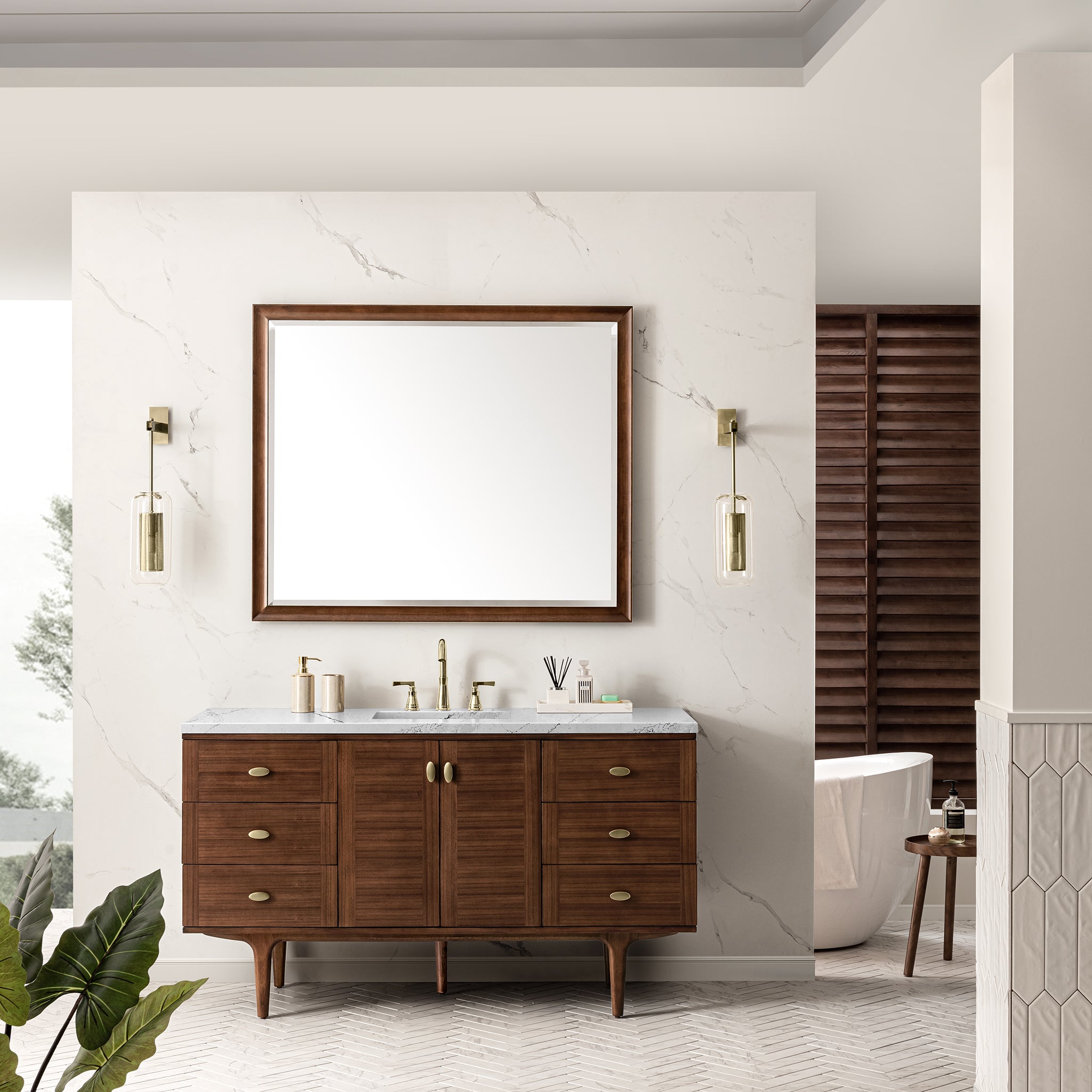 Amberly 60 Inch Single Bathroom Vanity with Mid Century Walnut Finish & 3CM Ethereal Noctis Stone Top - Perfect for Modern Farmhouse or Contemporary Bathroom Design