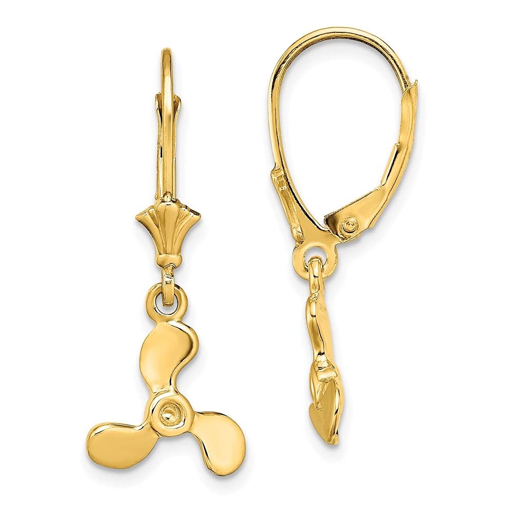 14K Yellow Gold 3D Mini Propeller Earrings for Women - Leverback Stud Earrings - Hypoallergenic Fine Jewelry - Perfect for Aviators, Pilots & Travel Enthusiasts