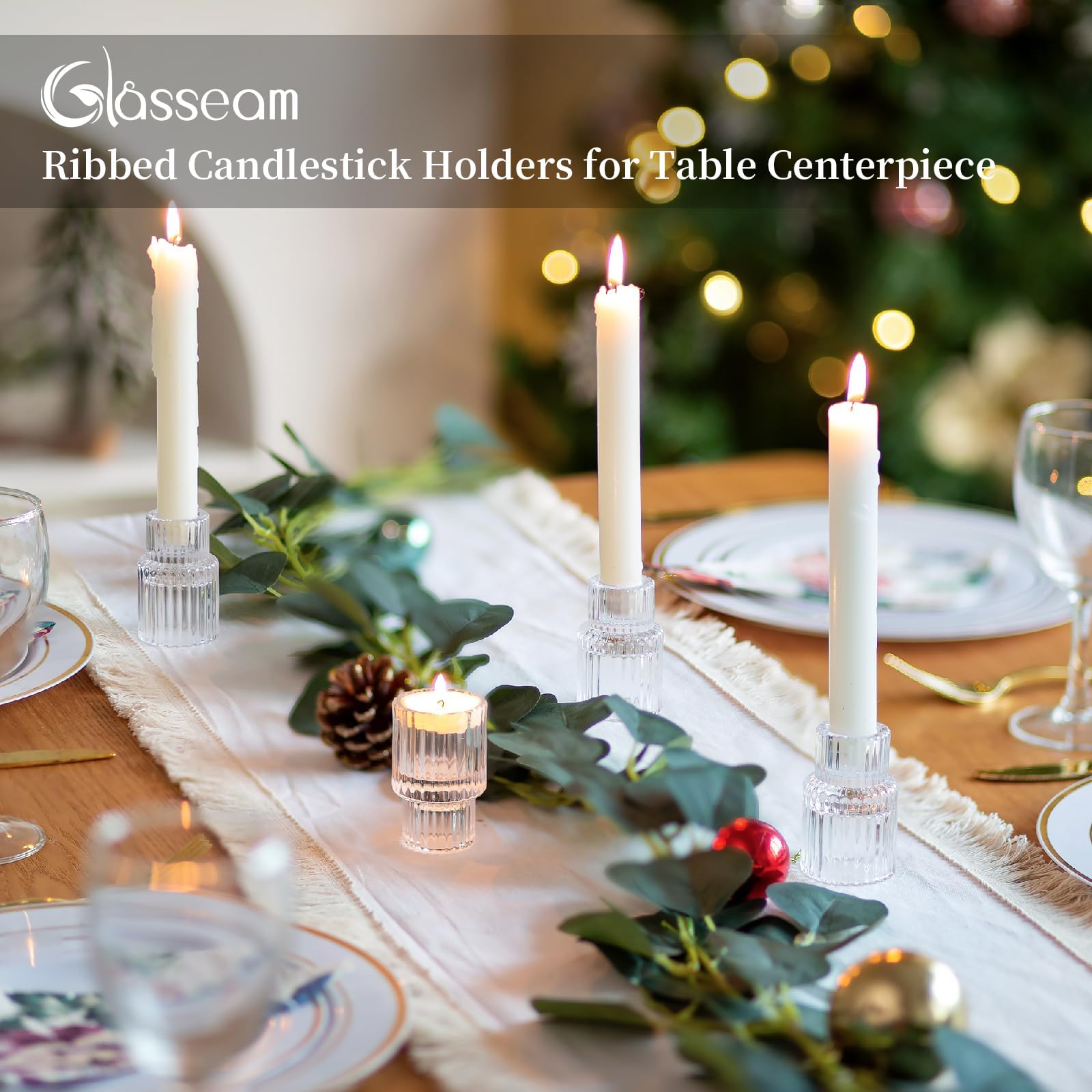 Glasseam Clear Glass Candle Stick Holders Set of 10 - Modern Ribbed Taper Candle Holders for Dining Table Centerpiece, Wedding Decor, Romantic Dinner Ambiance & Home Decoration