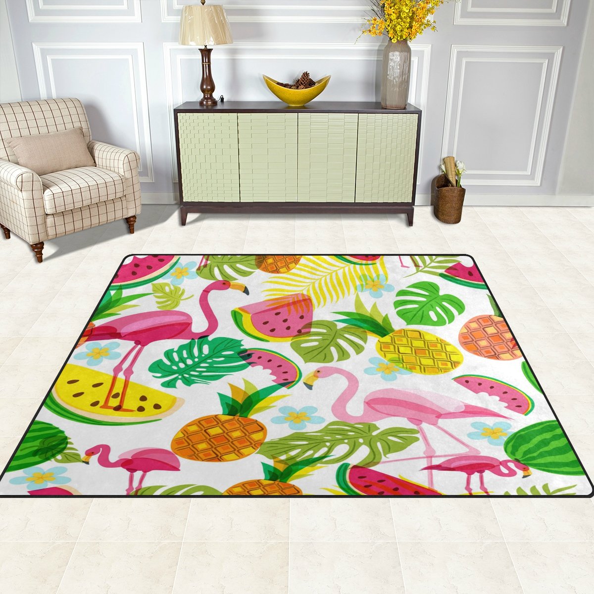 ALAZA Tropical Summer Flamingo Palm Tree Watermelon Pineapple Fruit Pattern Non-Slip Area Rug 7' x 5' for Living Room, Bedroom, Dorm - Soft & Durable Floor Mat for Beach House Decor, Kids Room, Vacation Home