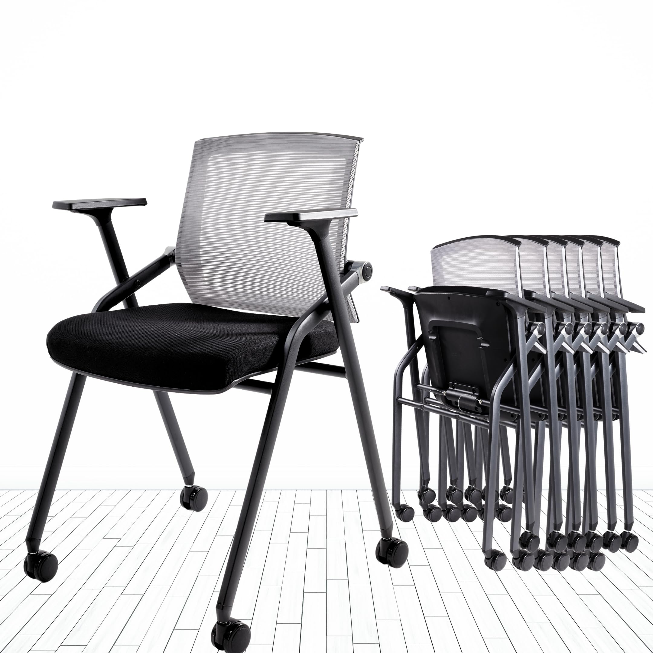 Ergonomic Conference Room Chairs - 2 Pack Stackable Office Guest Chairs with Lumbar Support, Adjustable Armrests & Smooth-Rolling Casters for Meetings, Reception Areas & Home Offices