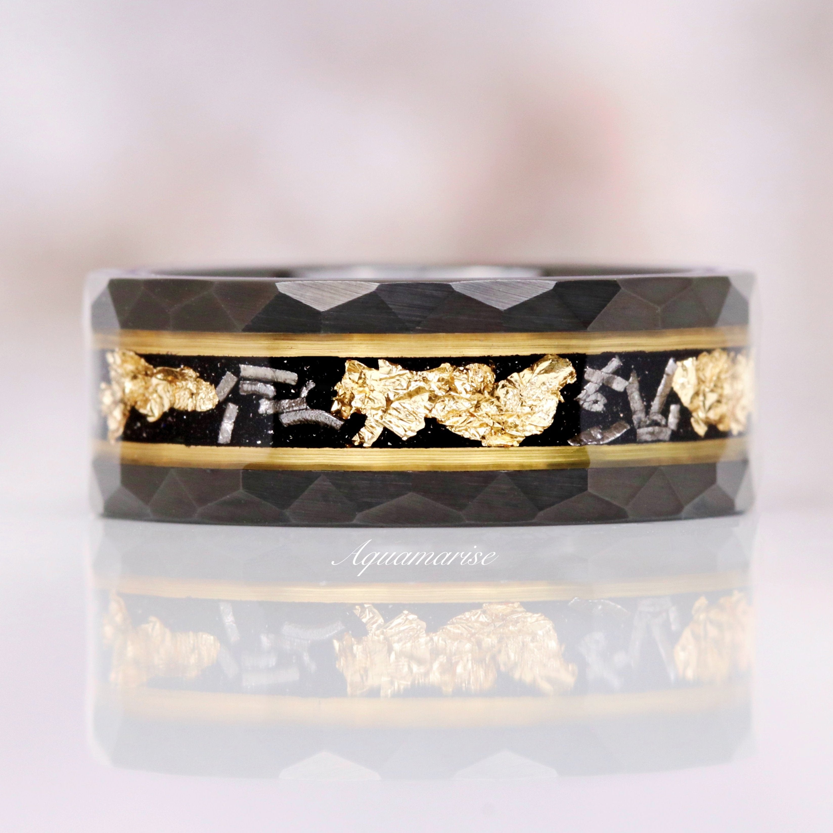 Black Tungsten Wedding Band for Men - 8MM Meteorite & Gold Leaf Inlay Ring - Perfect for Engagement, Anniversary, and Special Occasions