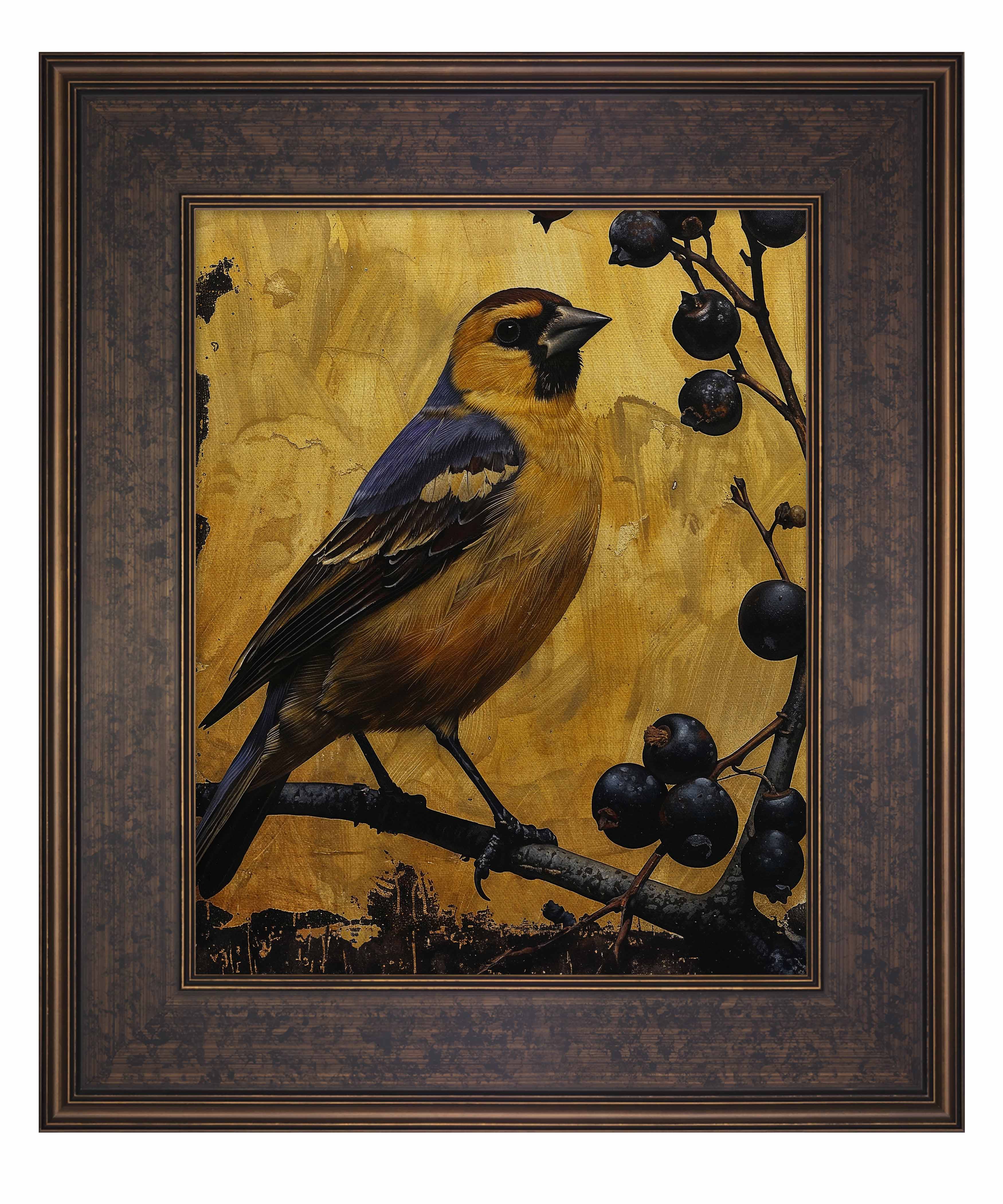 Gilded Harmony Finch Among Berries Limited Edition Canvas Wall Art - Nature Inspired Home Decor for Living Room, Bedroom & Office